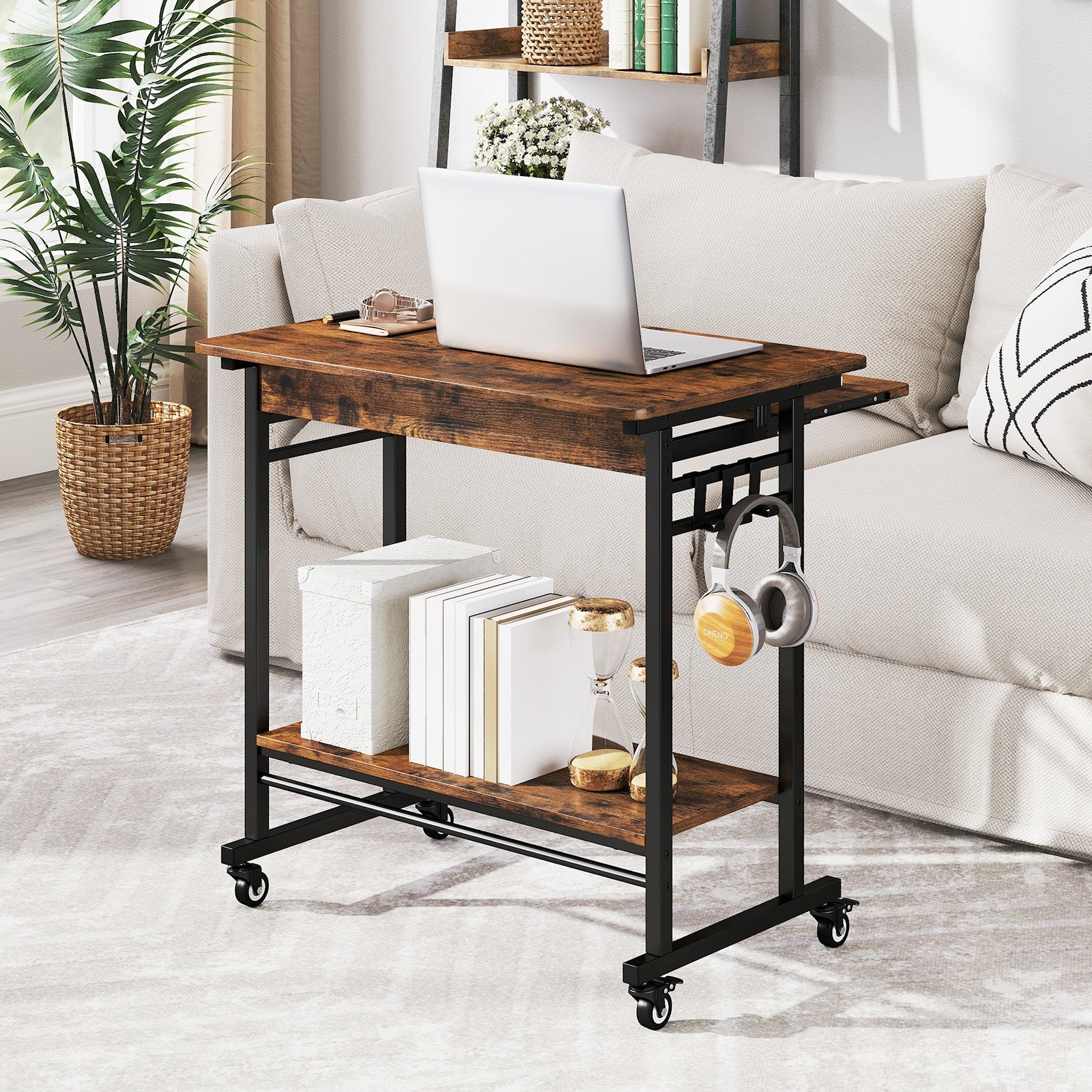 Rolling Laptop Table with Pull-out Keyboard Tray and Hooks