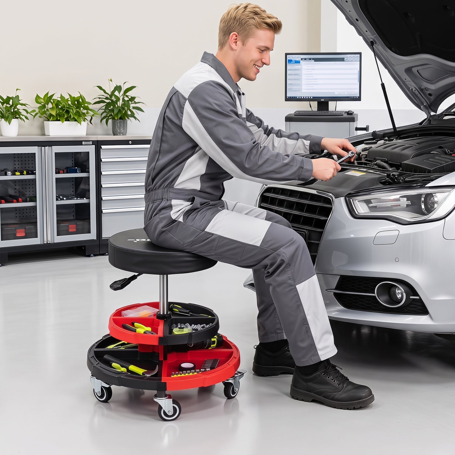 Rolling Mechanic Stool with Adjustable Height and Tool Trays