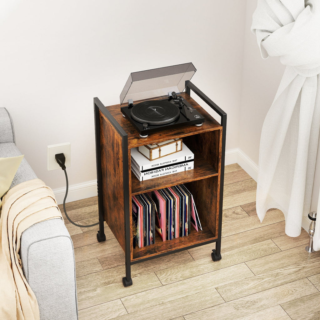 Mobile Record Player Stand with Power Outlet-Rustic Brown