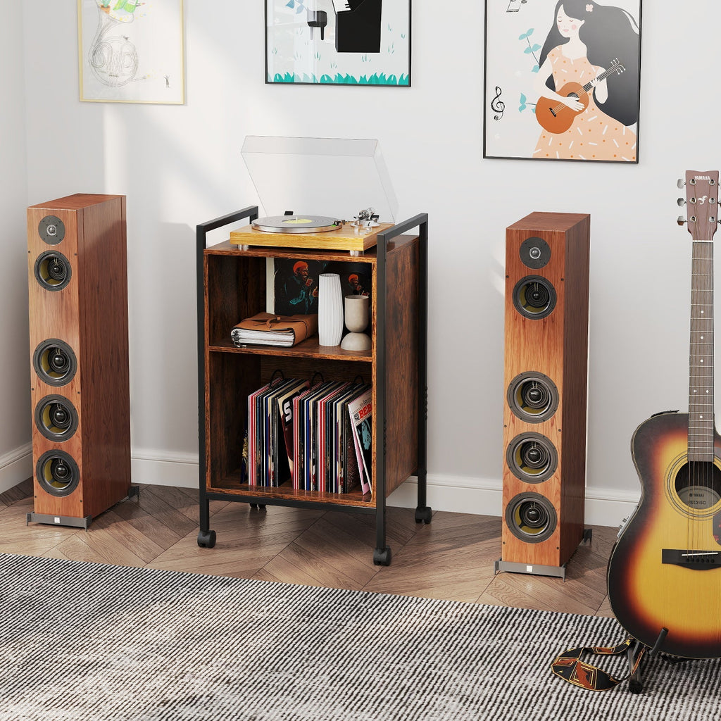 Mobile Record Player Stand with Power Outlet-Rustic Brown