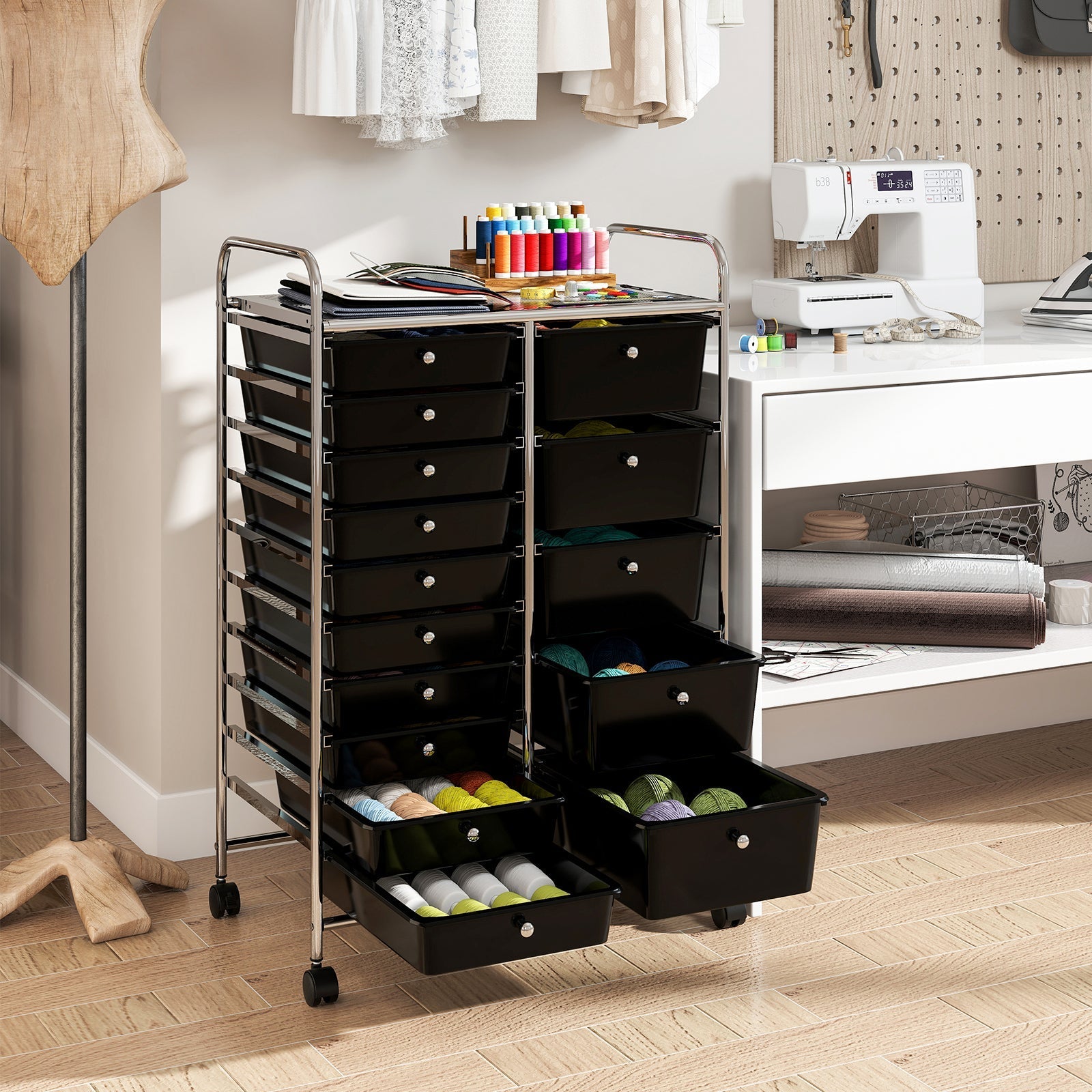 Rolling Storage Cart 15-Drawer Trolley with Chrome Plated Metal Frame