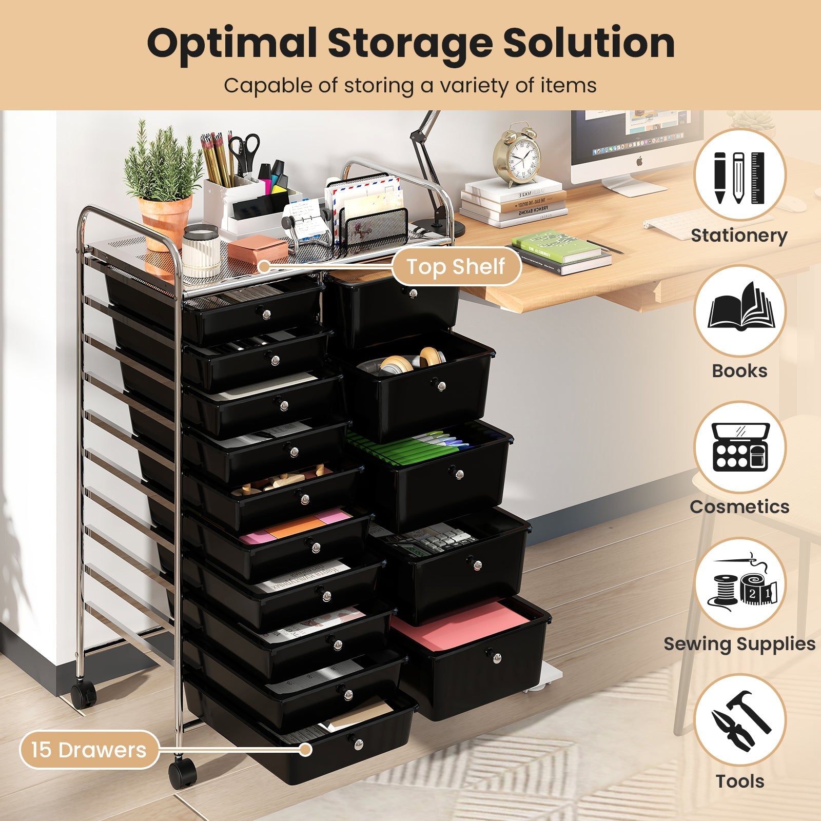 Rolling Storage Cart 15-Drawer Trolley with Chrome Plated Metal Frame