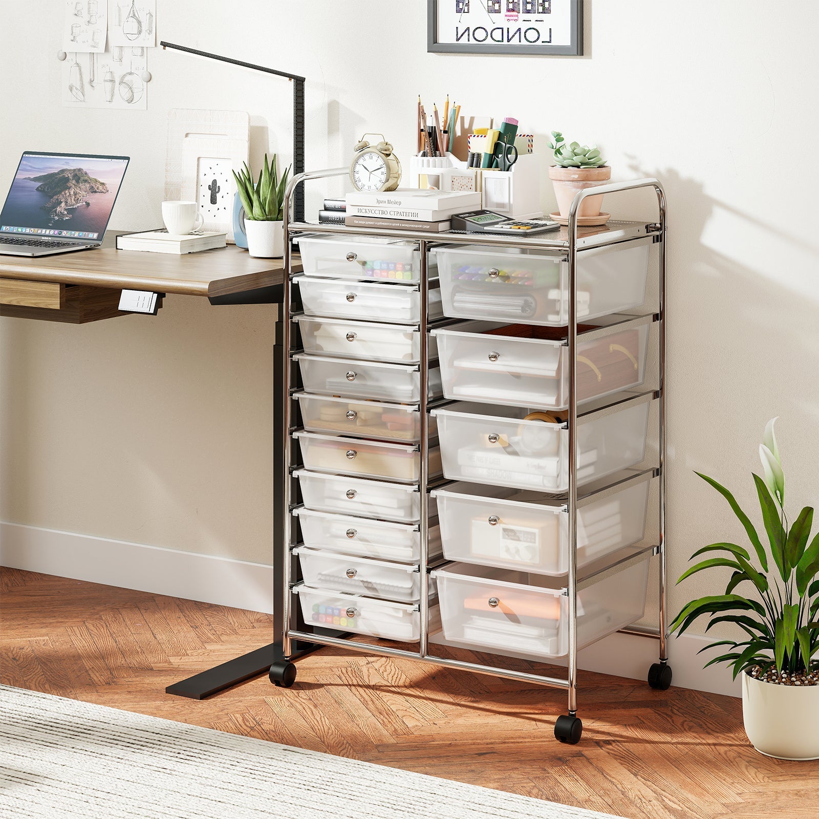 Rolling Storage Cart 15-Drawer Trolley with Chrome Plated Metal Frame