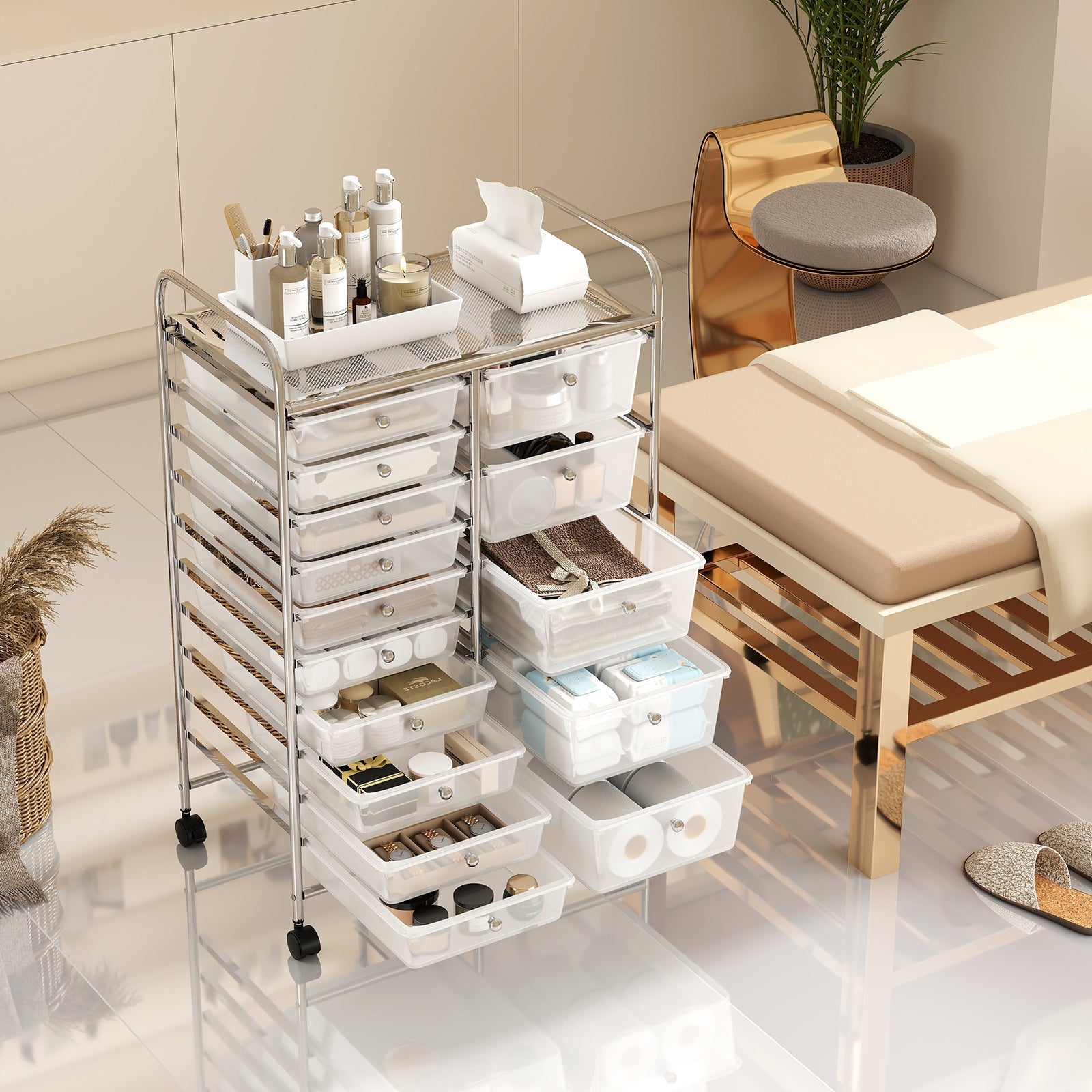 Rolling Storage Cart 15-Drawer Trolley with Chrome Plated Metal Frame