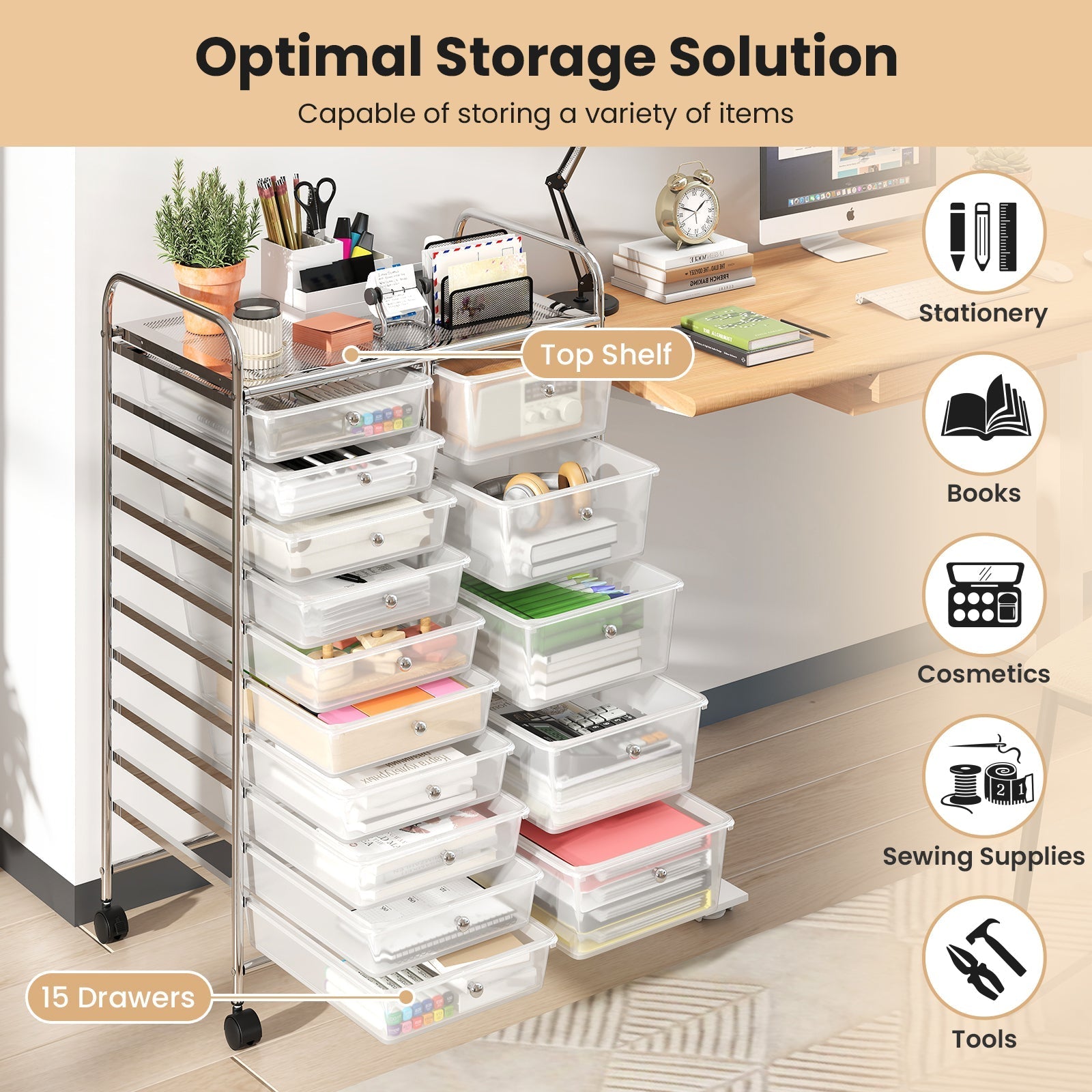 Rolling Storage Cart 15-Drawer Trolley with Chrome Plated Metal Frame