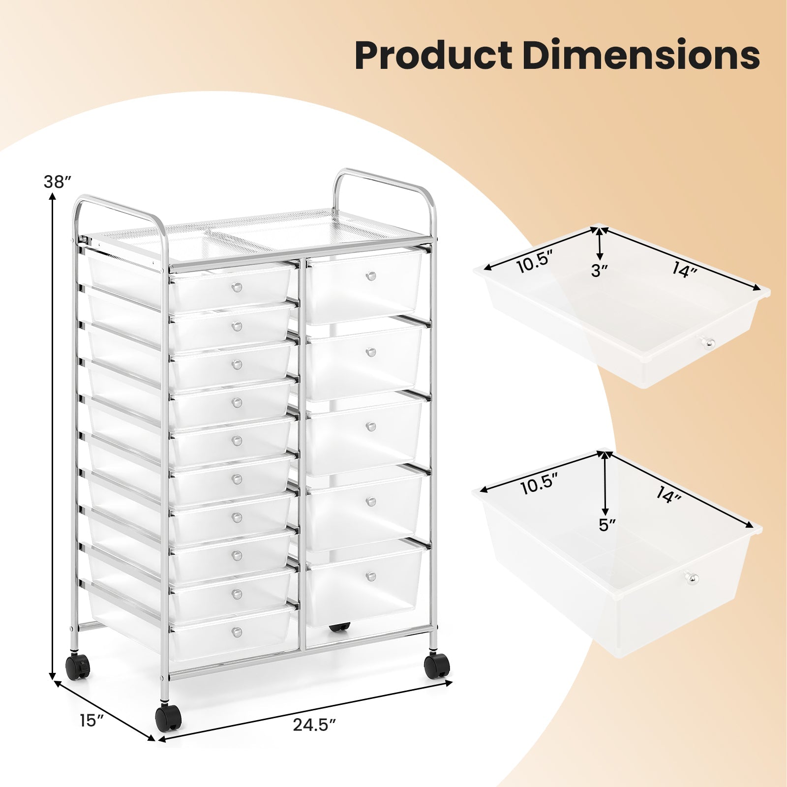 Rolling Storage Cart 15-Drawer Trolley with Chrome Plated Metal Frame