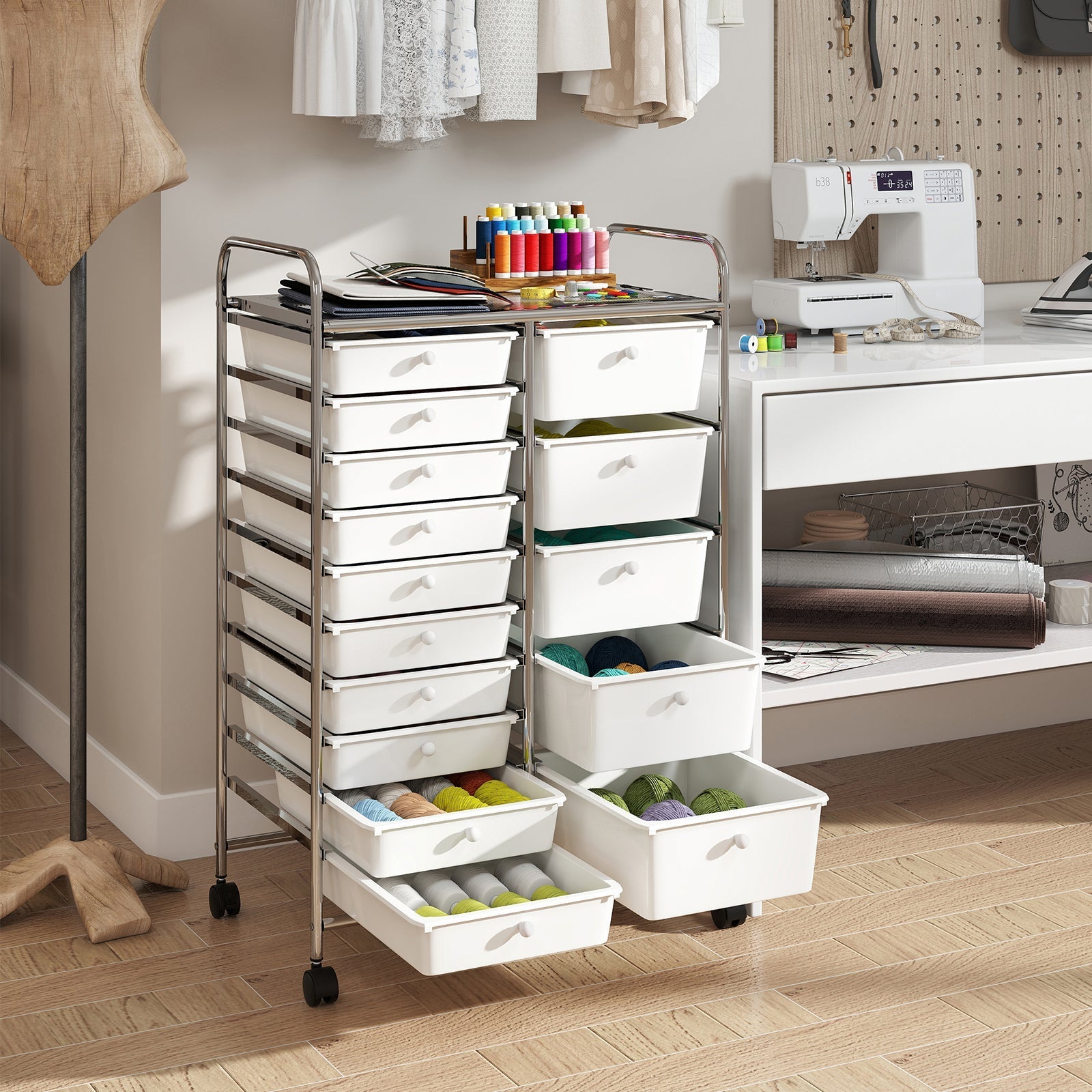 Rolling Storage Cart 15-Drawer Trolley with Chrome Plated Metal Frame
