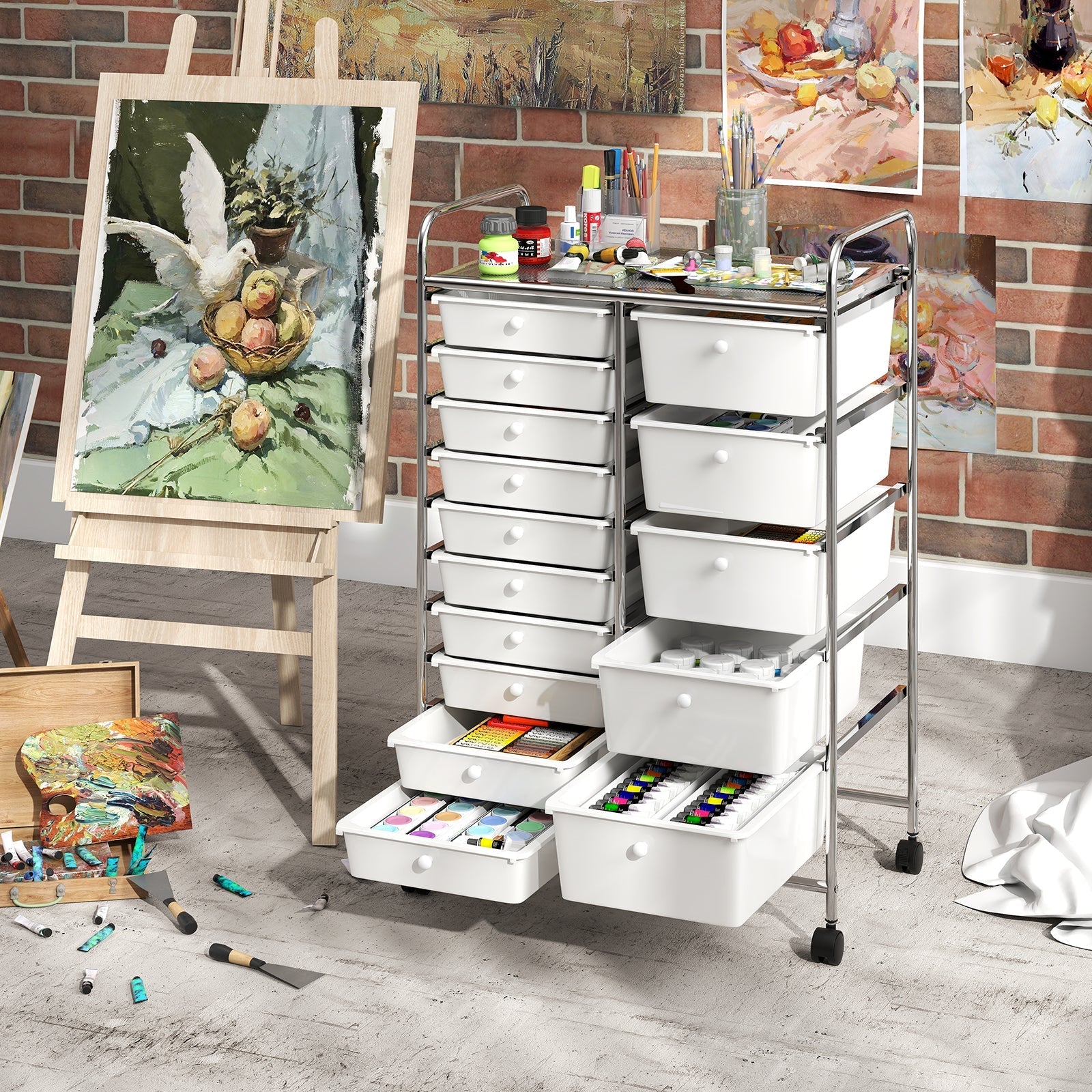 Rolling Storage Cart 15-Drawer Trolley with Chrome Plated Metal Frame