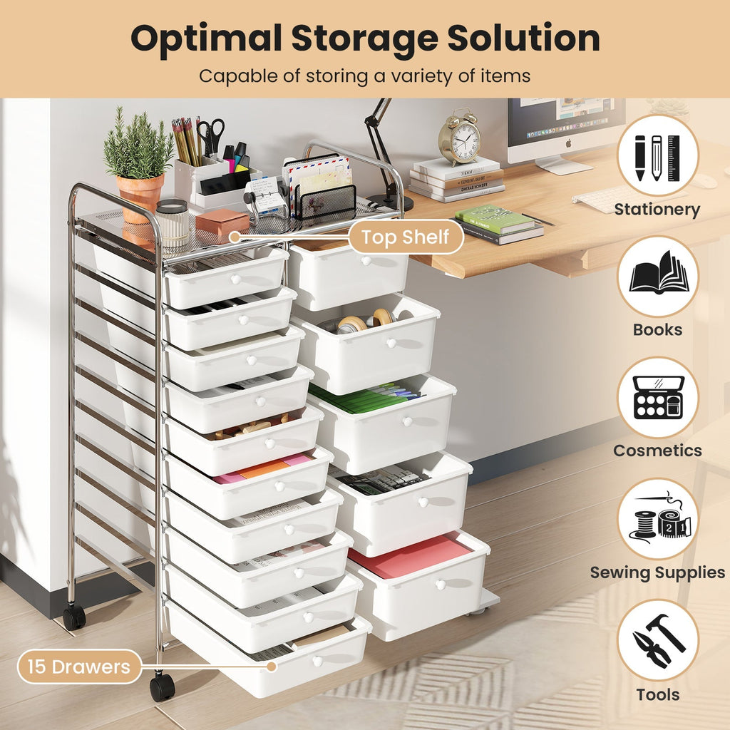 Rolling Storage Cart 15-Drawer Trolley with Chrome Plated Metal Frame