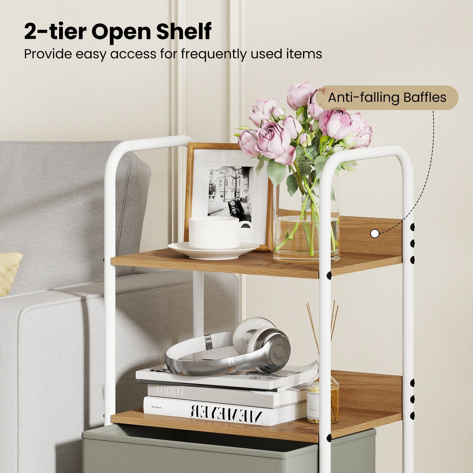 Rolling Utility Storage Cart with 2 Open Shelves and 2 Fabric Drawers-Natural