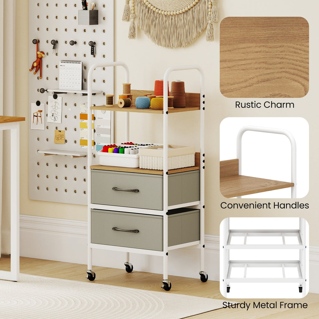 Rolling Utility Storage Cart with 2 Open Shelves and 2 Fabric Drawers-Natural