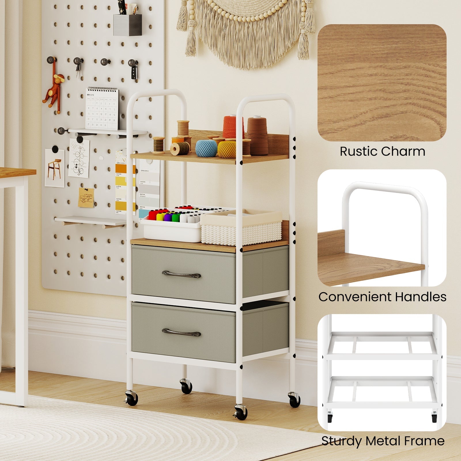 Rolling Utility Storage Cart with 2 Open Shelves and 2 Fabric Drawers-Natural