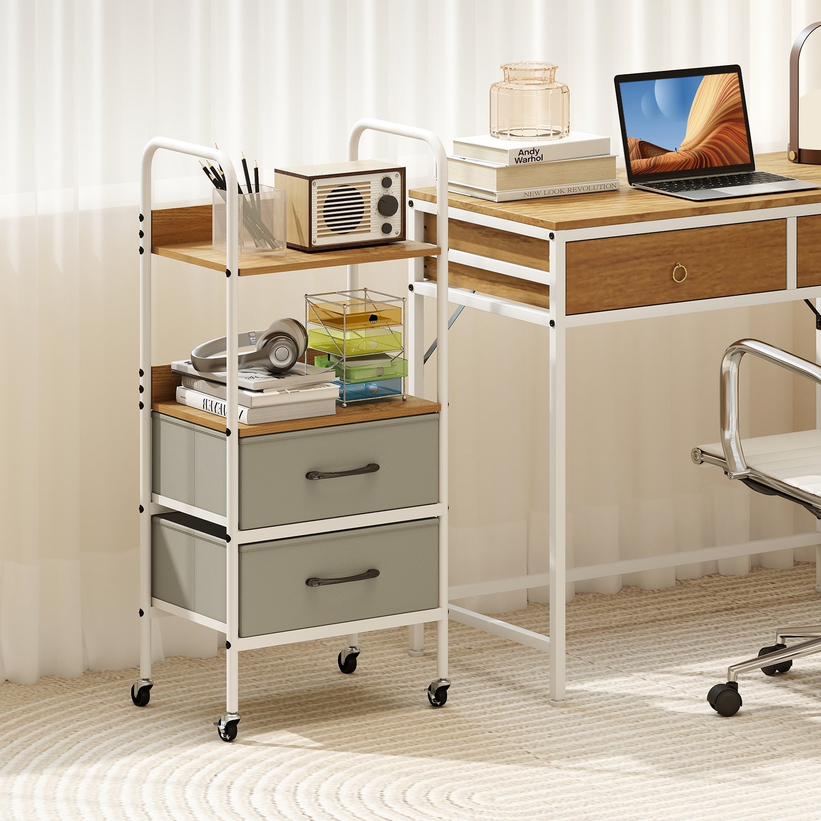 Rolling Utility Storage Cart with 2 Open Shelves and 2 Fabric Drawers-Natural