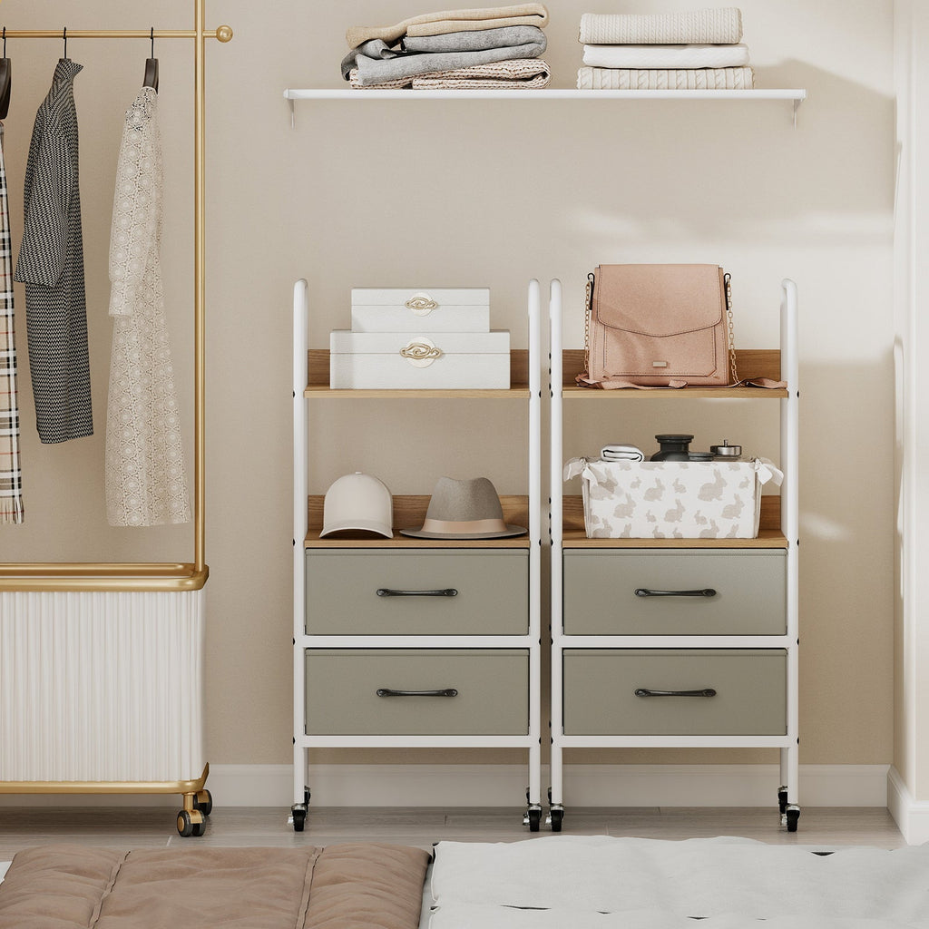 Rolling Utility Storage Cart with 2 Open Shelves and 2 Fabric Drawers-Natural
