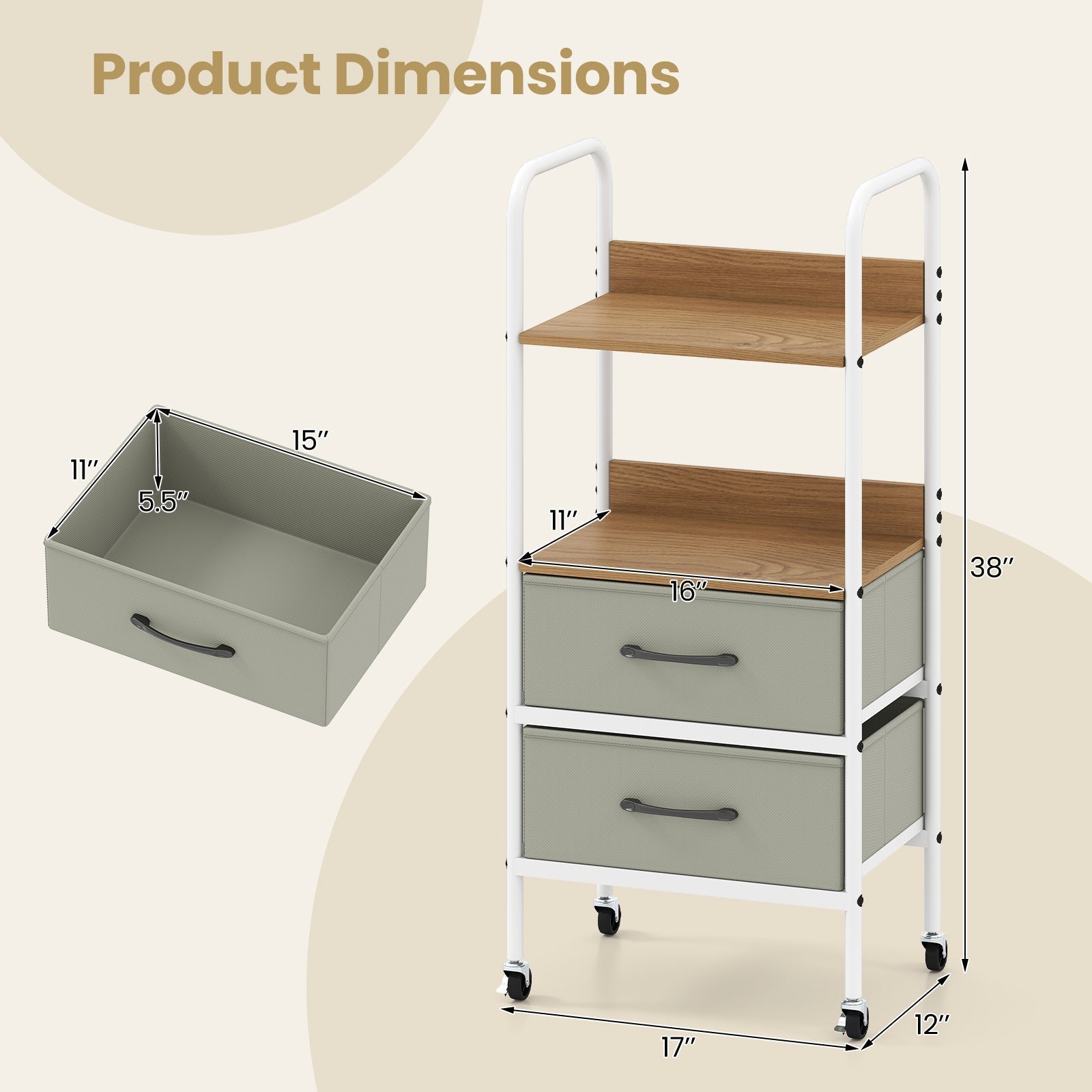 Rolling Utility Storage Cart with 2 Open Shelves and 2 Fabric Drawers-Natural