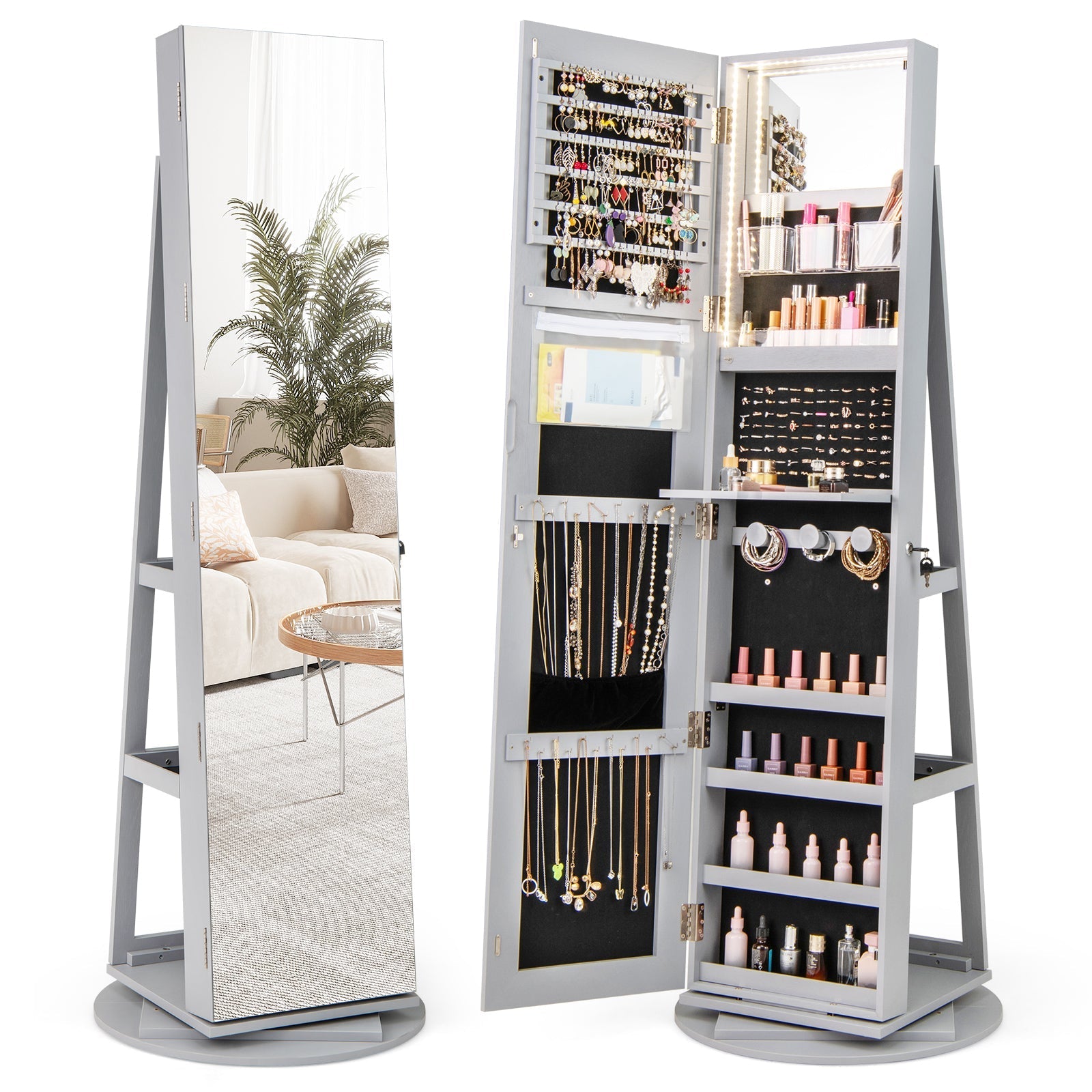360° Rotating Mirrored Jewelry Cabinet Armoire 3 Color LED Modes Lockable