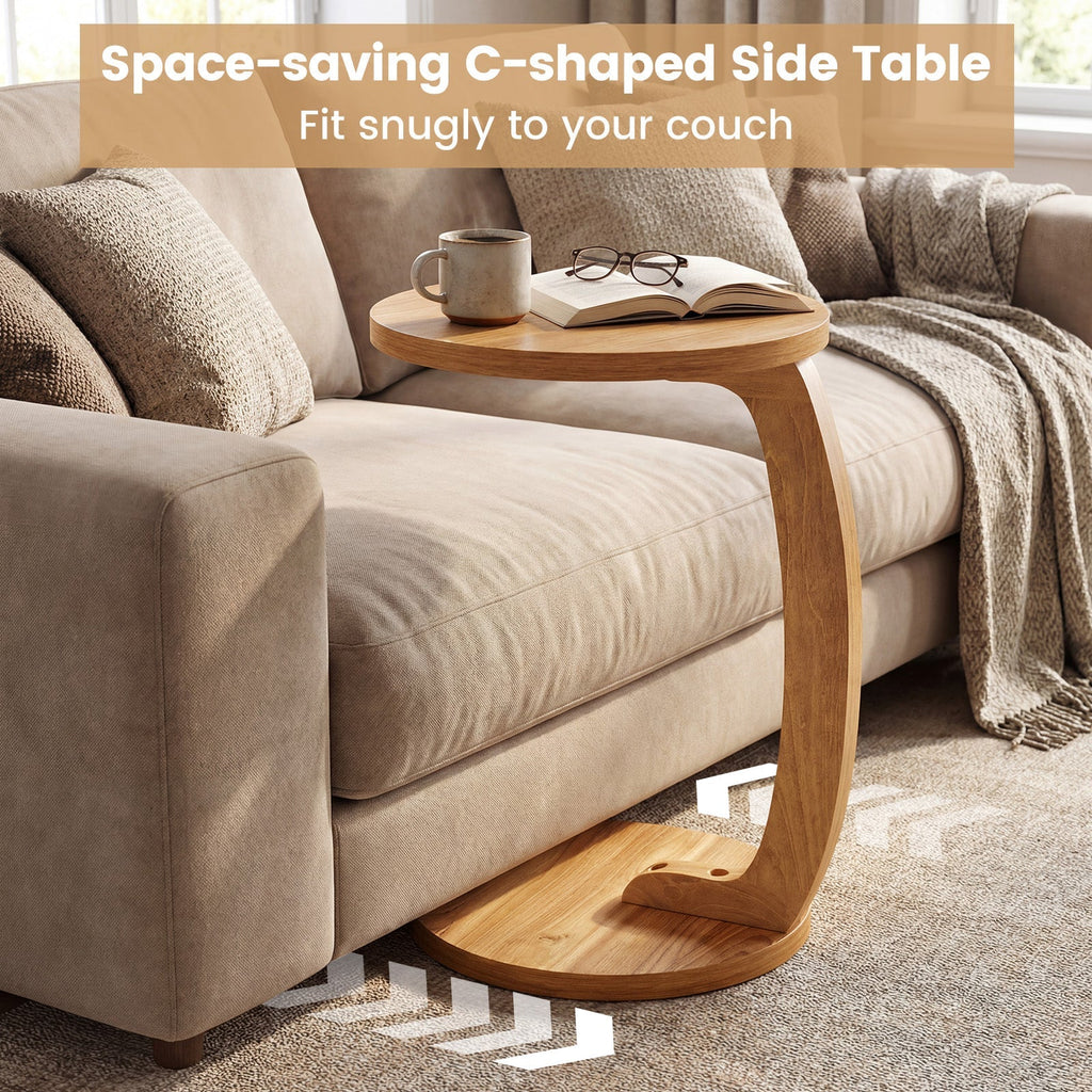 24 Inch Round C-shaped Side Table with Thickened Top and Sturdy Base