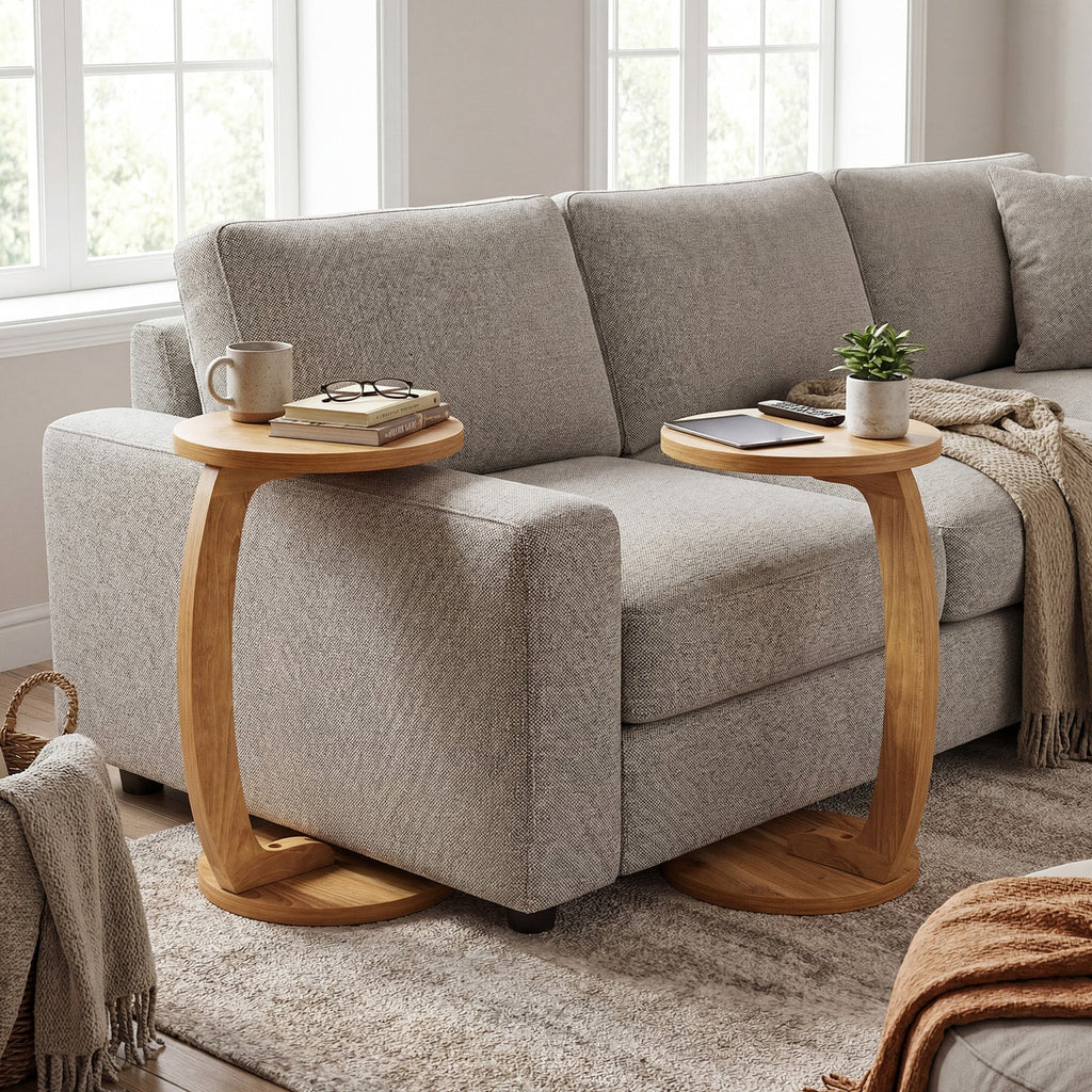 24 Inch Round C-shaped Side Table with Thickened Top and Sturdy Base
