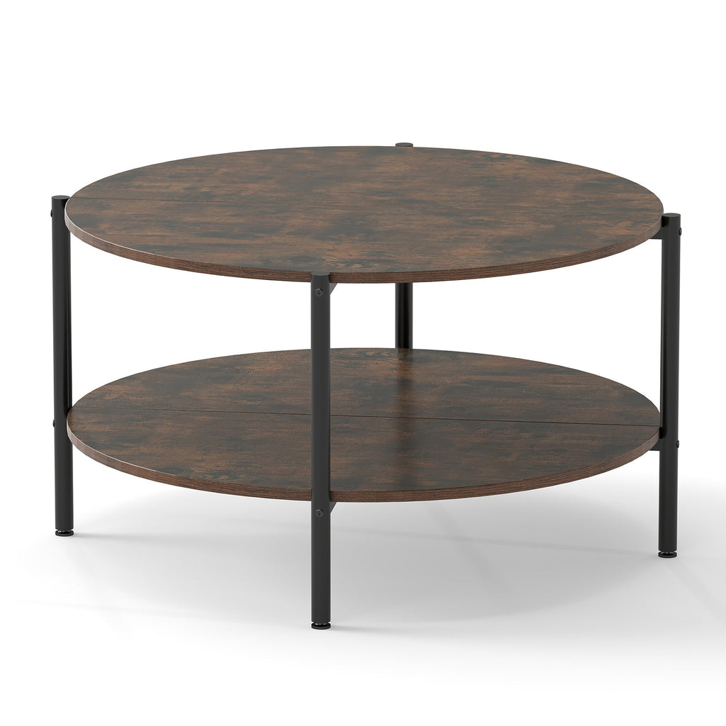Round Coffee Table 2-Tier Industrial Accent Table with Open Storage Shelf-Rustic Brown
