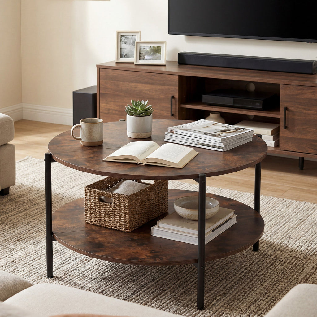 Round Coffee Table 2-Tier Industrial Accent Table with Open Storage Shelf-Rustic Brown