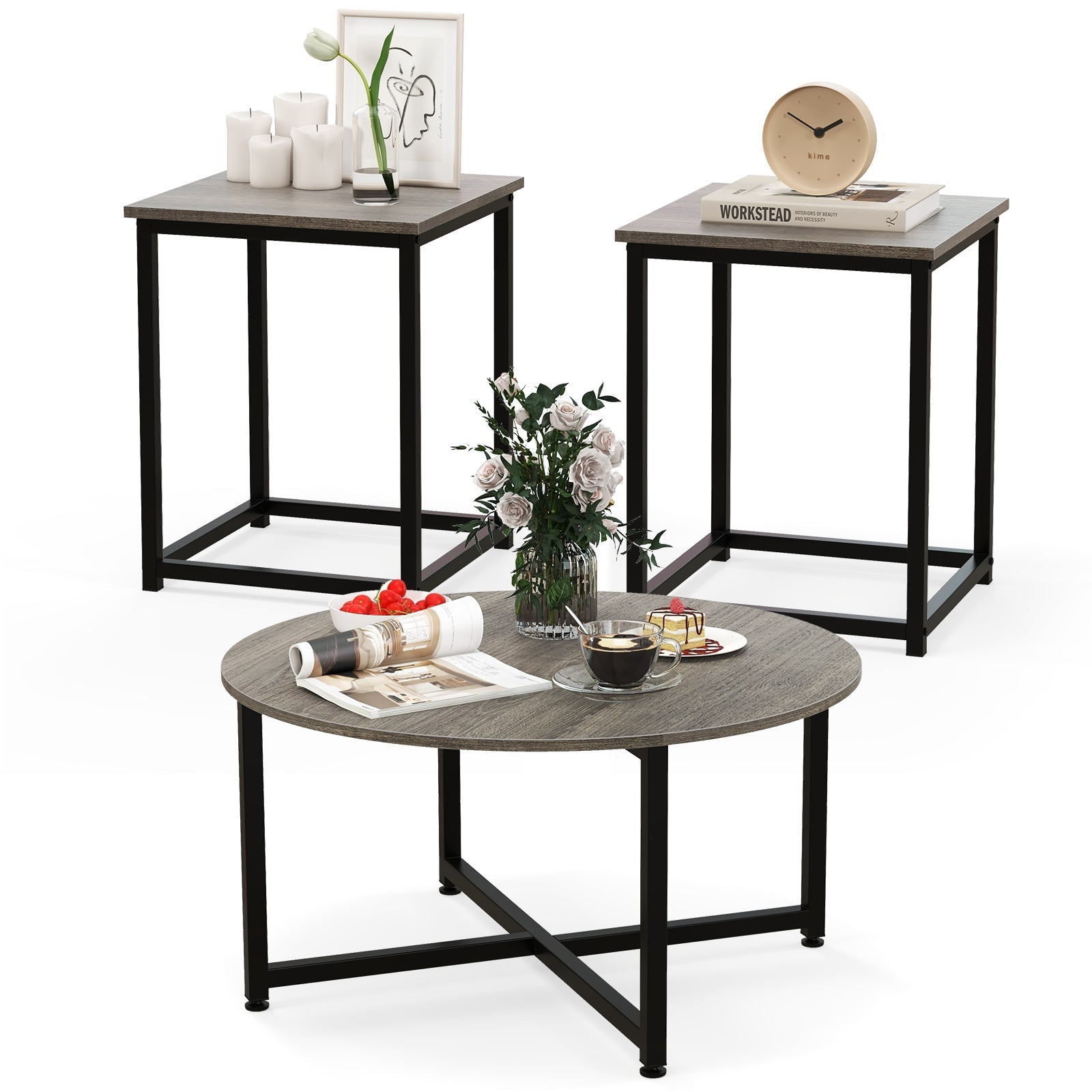 3-Piece Coffee Table Set Round Coffee Table and 2PCS Square End Tables