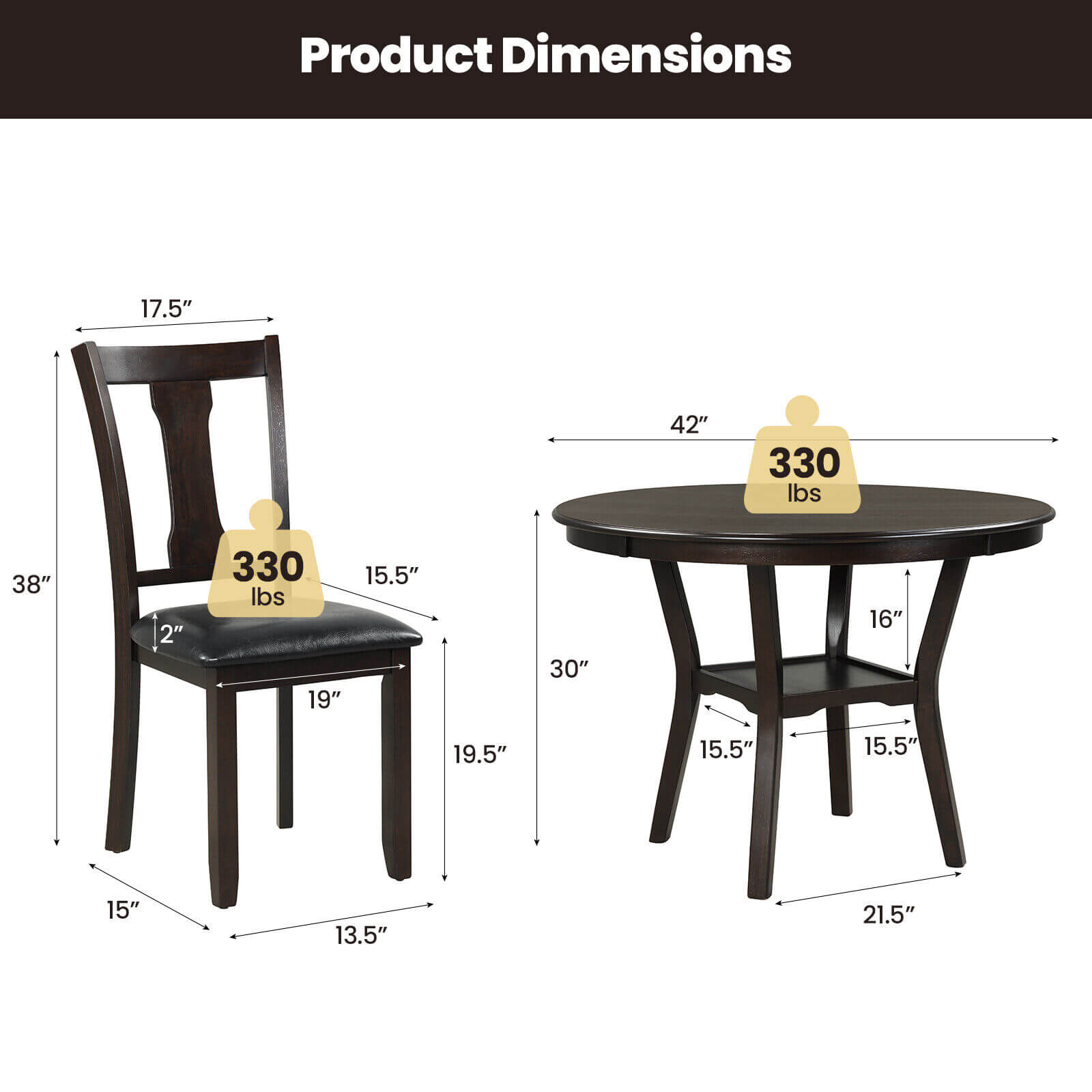 5-Piece Round Dining Table Set Wooden Kitchen Modern Table and 4 Chairs
