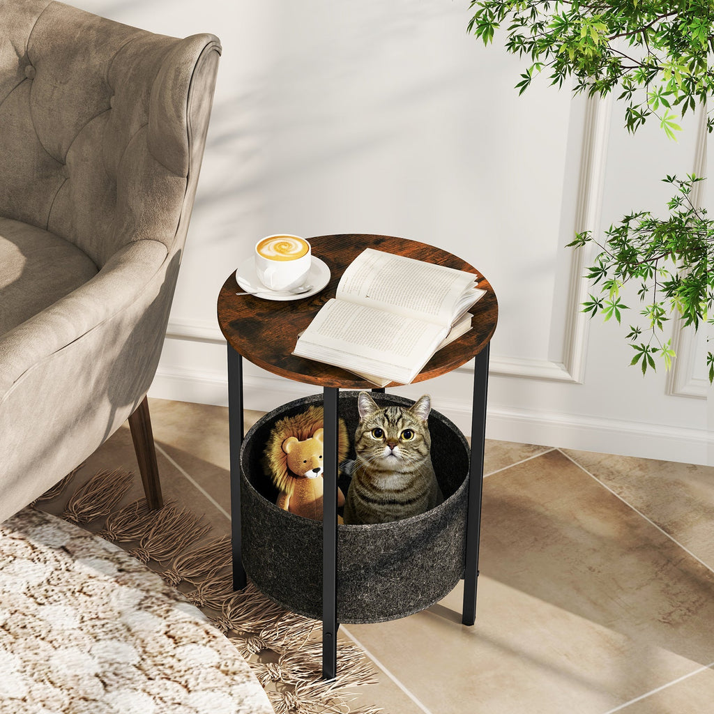 Round End Table 2-Tier Side Table with Removable Fabric Basket and Metal Frame