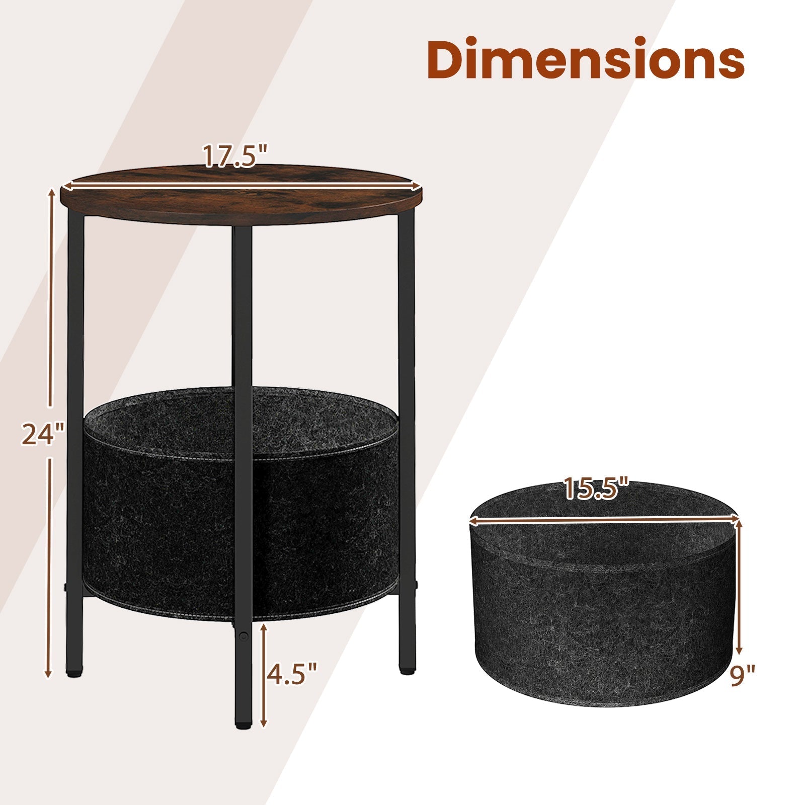 Round End Table 2-Tier Side Table with Removable Fabric Basket and Metal Frame