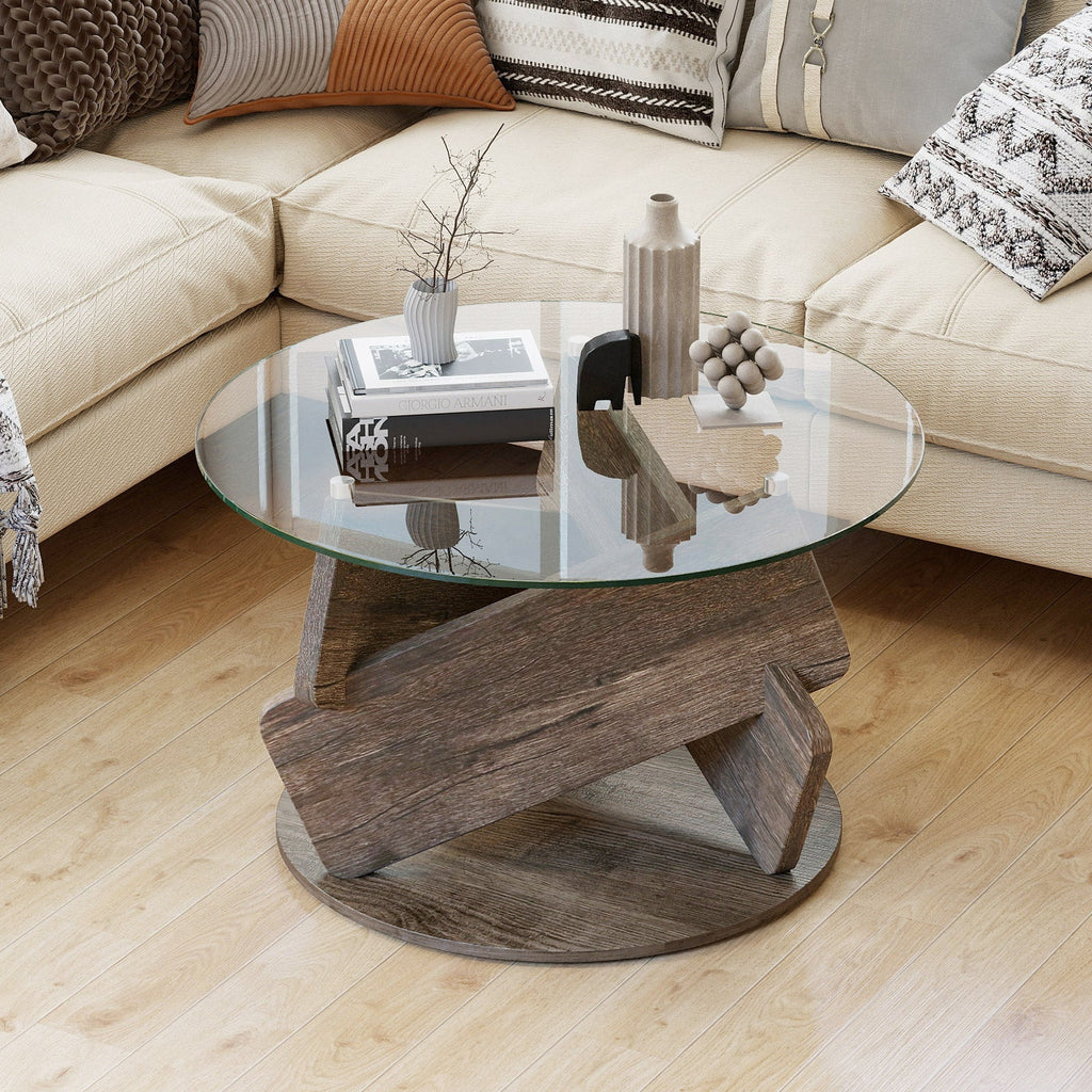 Round Glass Coffee Table 32 Inch Modern Center Table with Tempered Glass Top-Gray