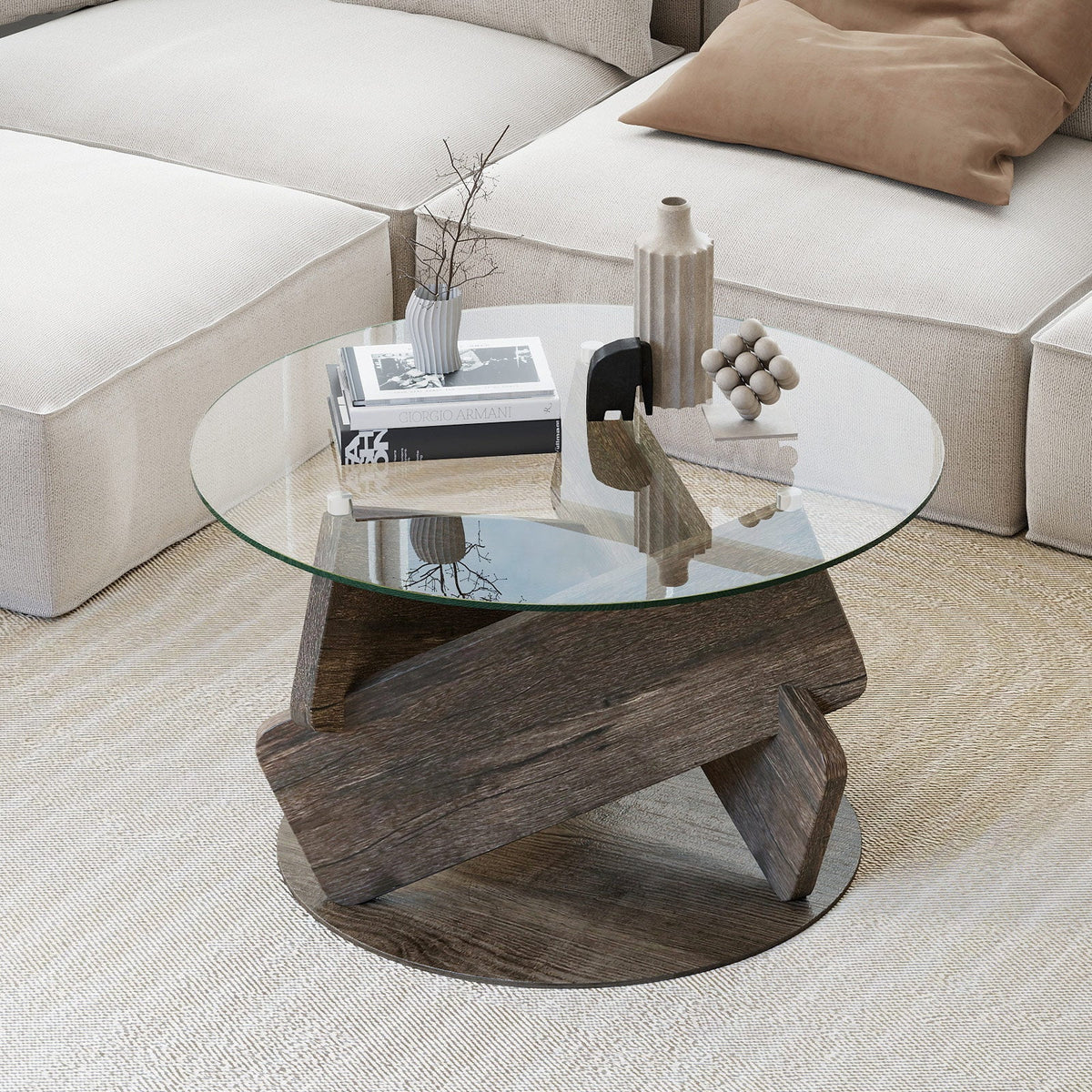 Round Glass Coffee Table 32 Inch Modern Center Table with Tempered Glass Top-Gray