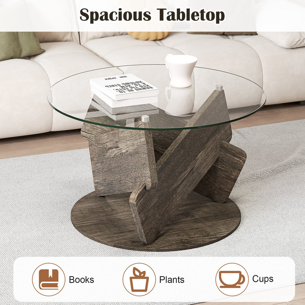 Round Glass Coffee Table 32 Inch Modern Center Table with Tempered Glass Top-Gray