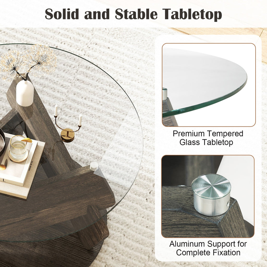 Round Glass Coffee Table 32 Inch Modern Center Table with Tempered Glass Top-Gray
