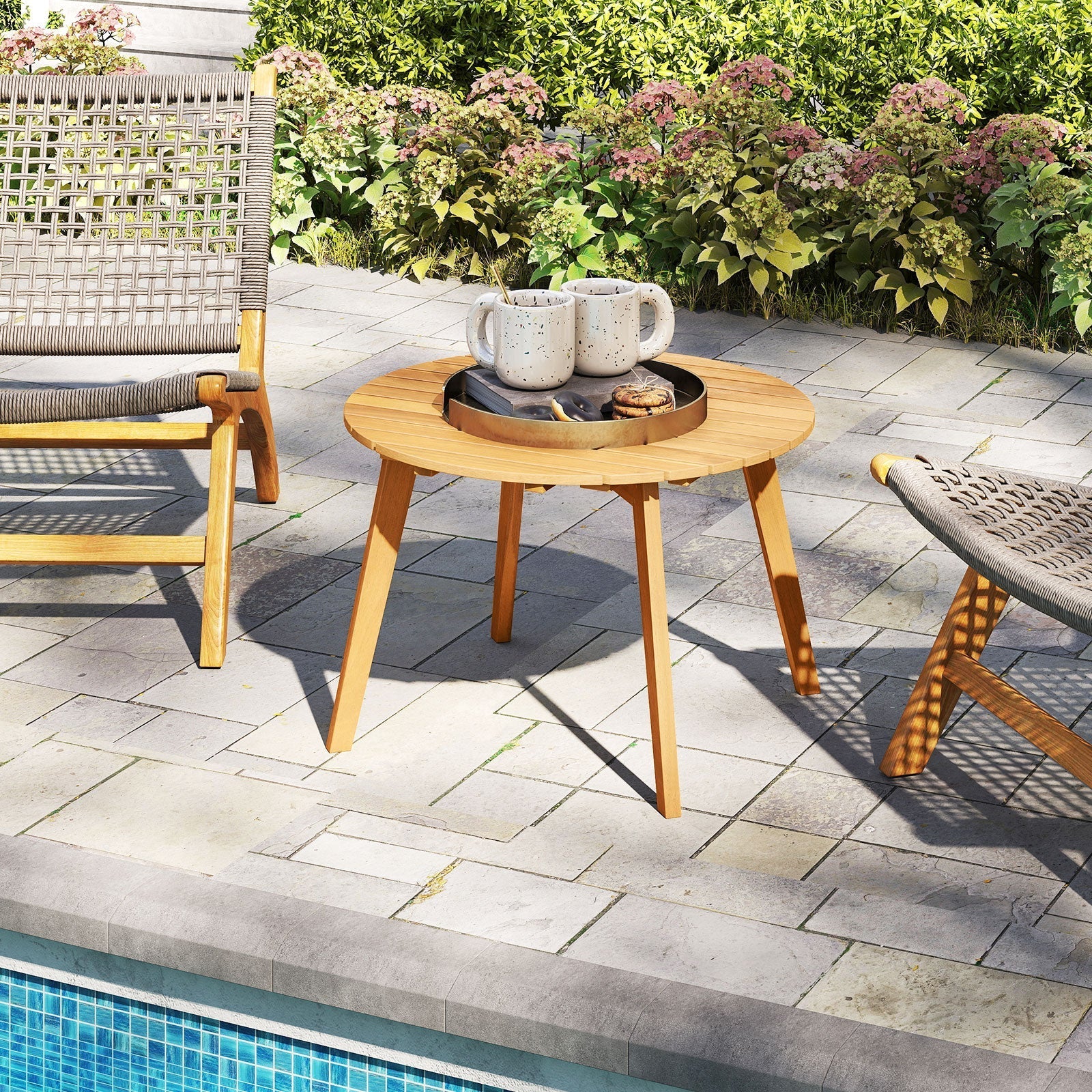 Round Outdoor Acacia Wood Side Table with Slatted Tabletop
