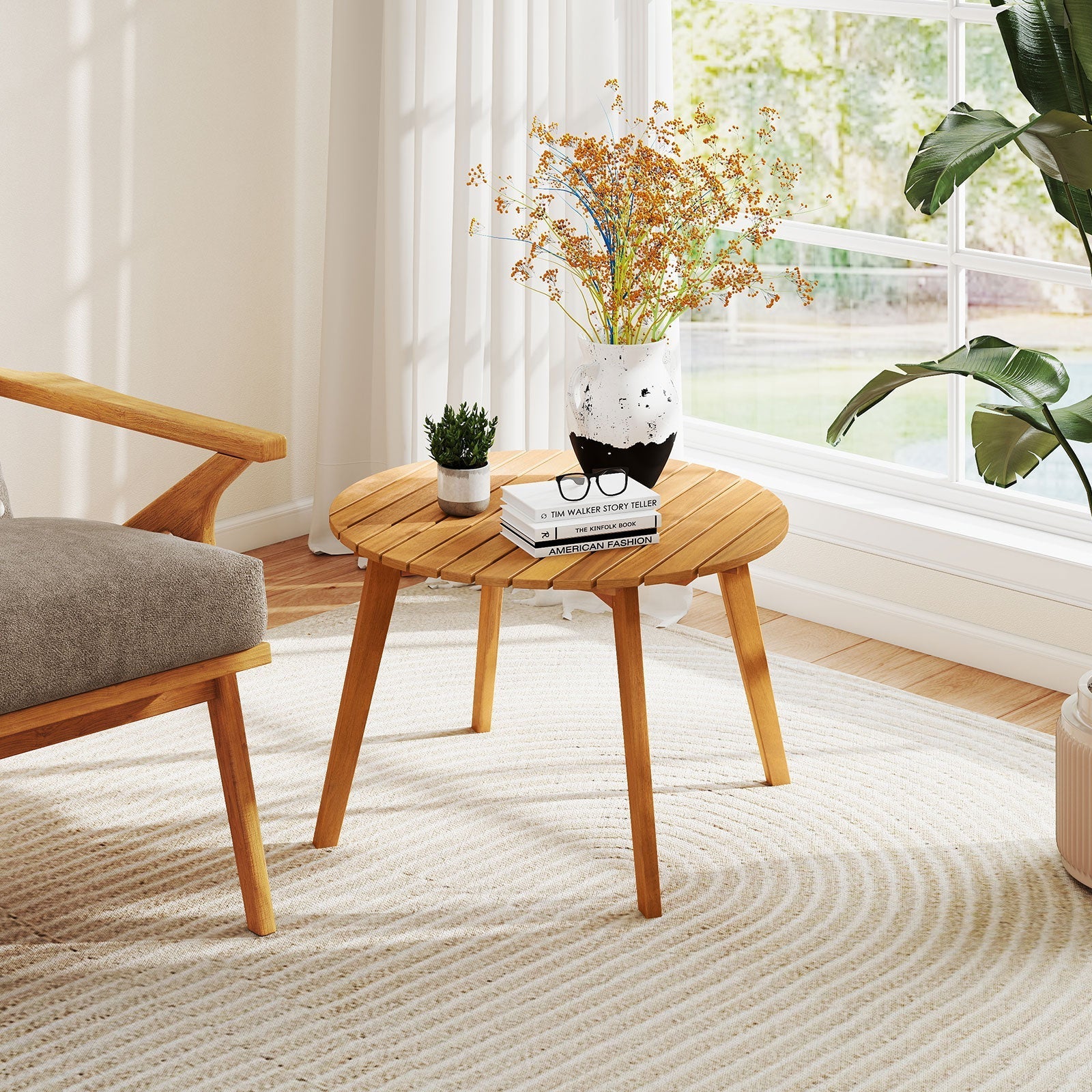 Round Outdoor Acacia Wood Side Table with Slatted Tabletop