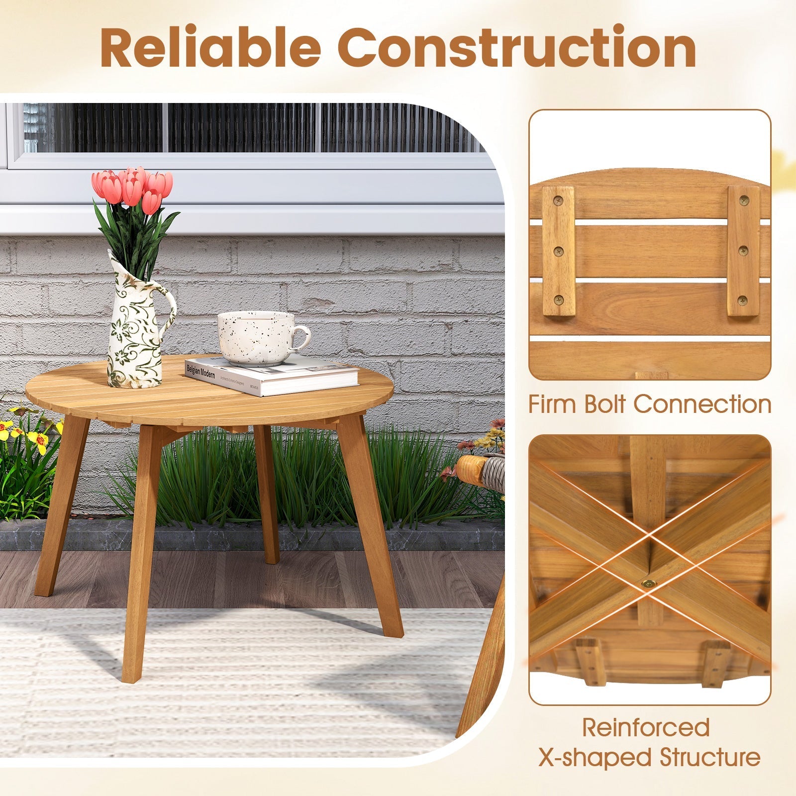 Round Outdoor Acacia Wood Side Table with Slatted Tabletop