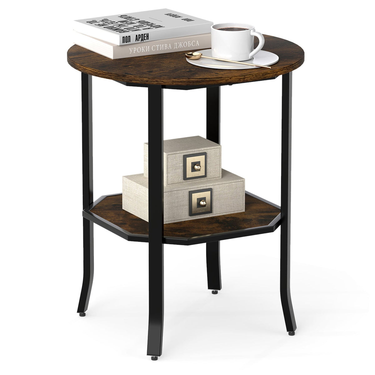Round Side Table Small End Table with Storage Shelf 2-Tier Nightstand for Small Space