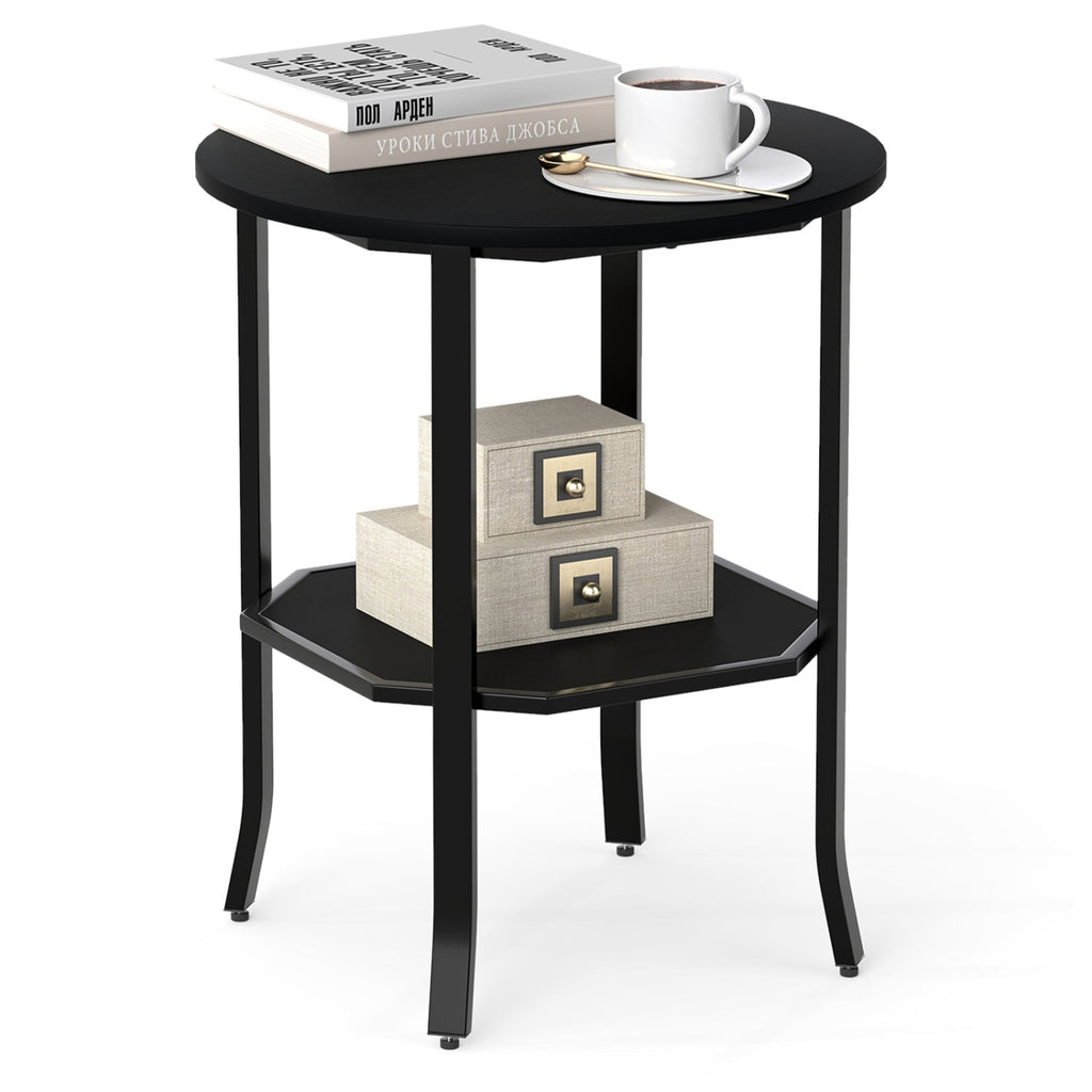 Round Side Table Small End Table with Storage Shelf 2-Tier Nightstand for Small Space