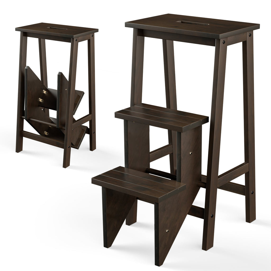 3-in-1 Rubber Wood 3 Tier Folding Step Stool Ladder Storage Shelf-Coffee