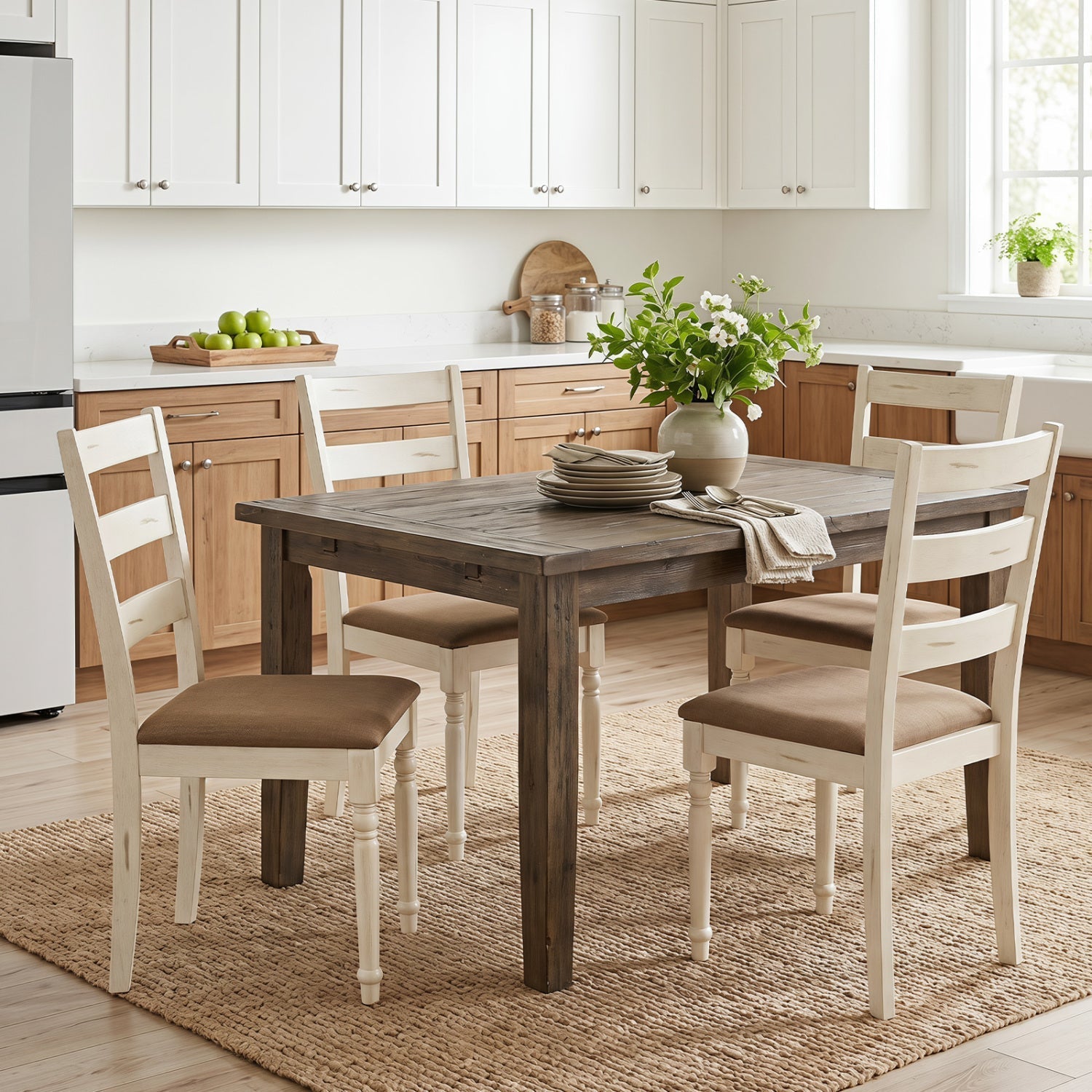 Dining Chairs Set of 4 with Padded Linen Seat & Slatted Back