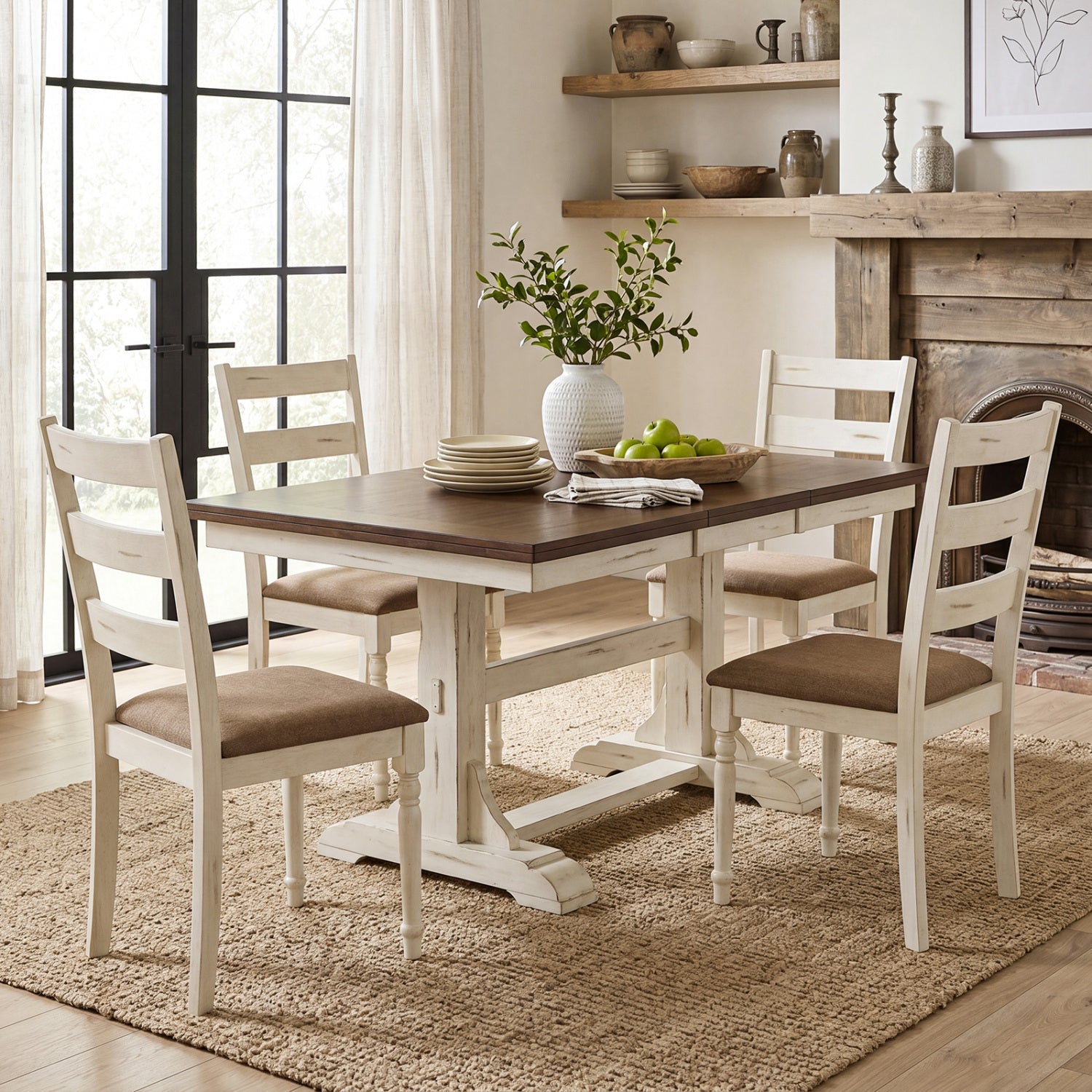 Dining Chairs Set of 4 with Padded Linen Seat & Slatted Back