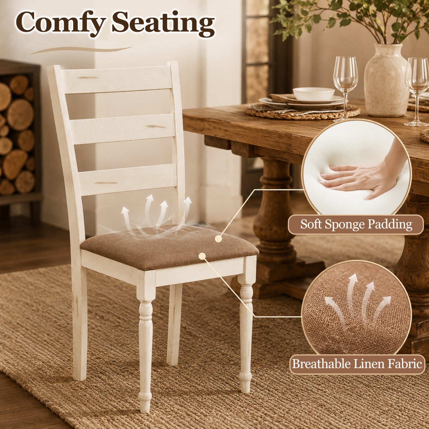 Dining Chairs Set of 4 with Padded Linen Seat & Slatted Back