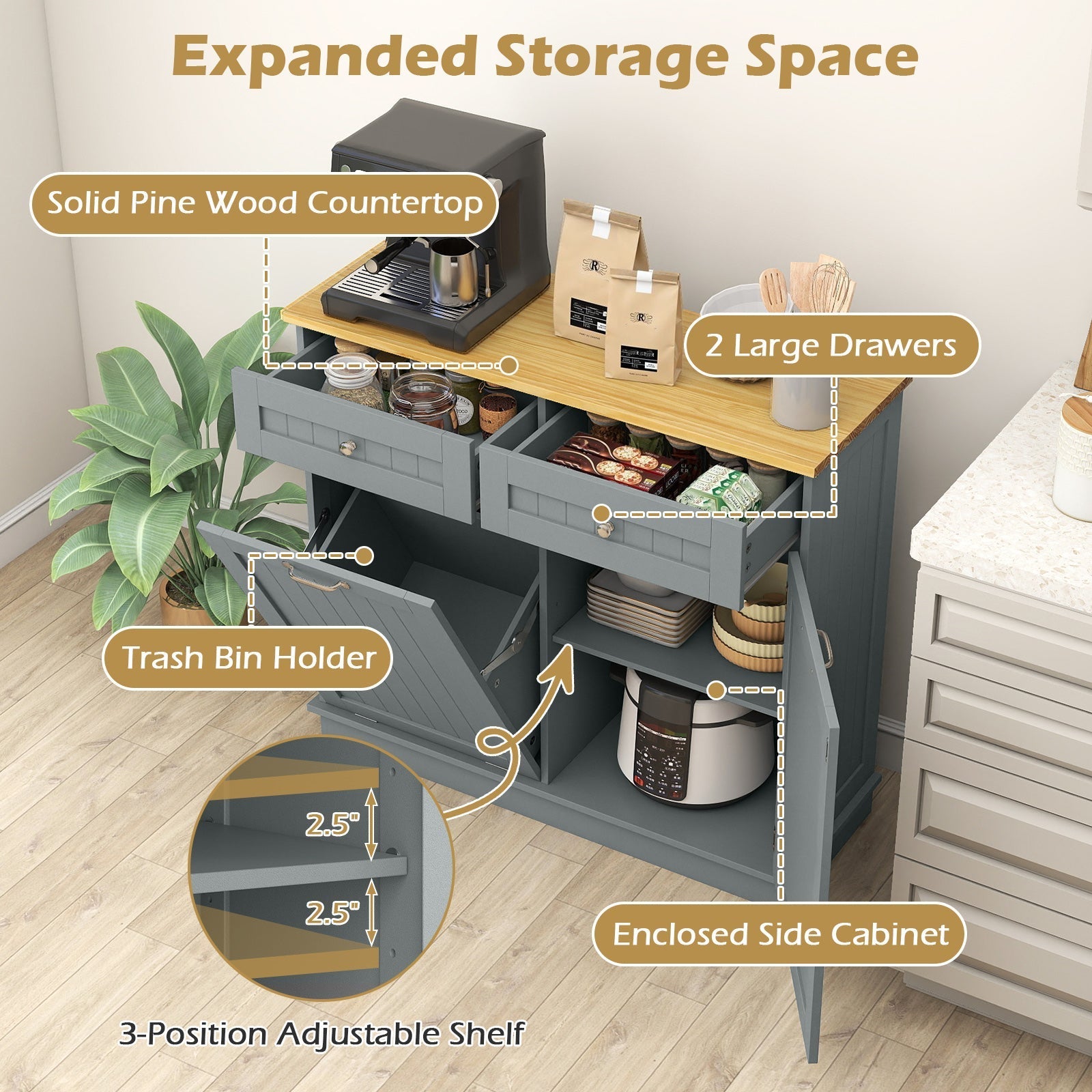 Kitchen Tilt Out Trash Cabinet with 2 Drawers and Adjustable Shelf