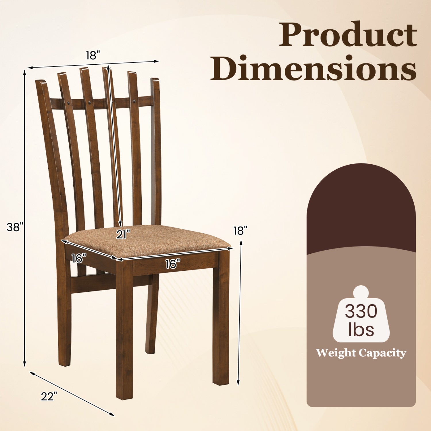 Rubber Wood Slat Back Dining Chairs Set of 2 - Brown