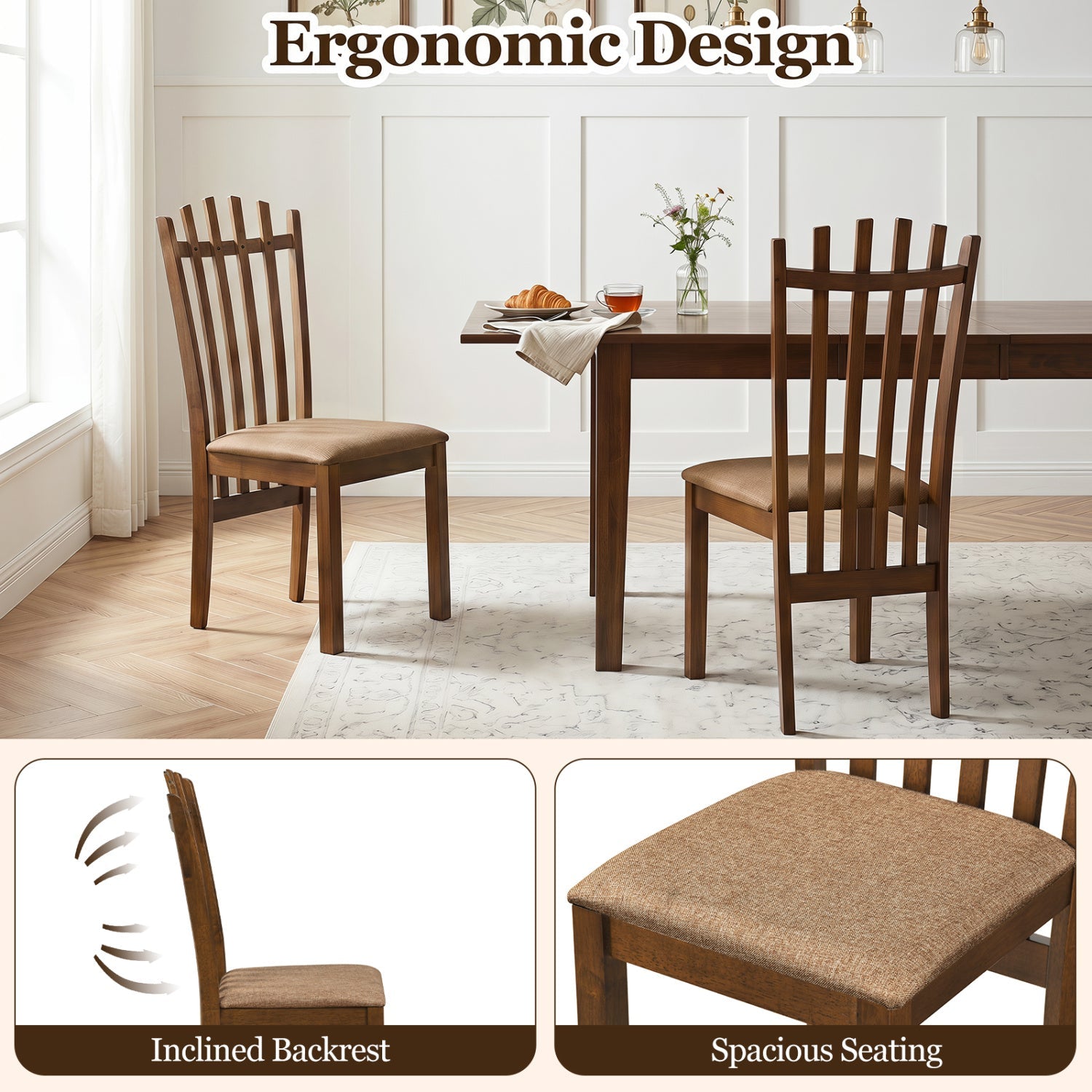 Rubber Wood Slat Back Dining Chairs Set of 2 - Brown
