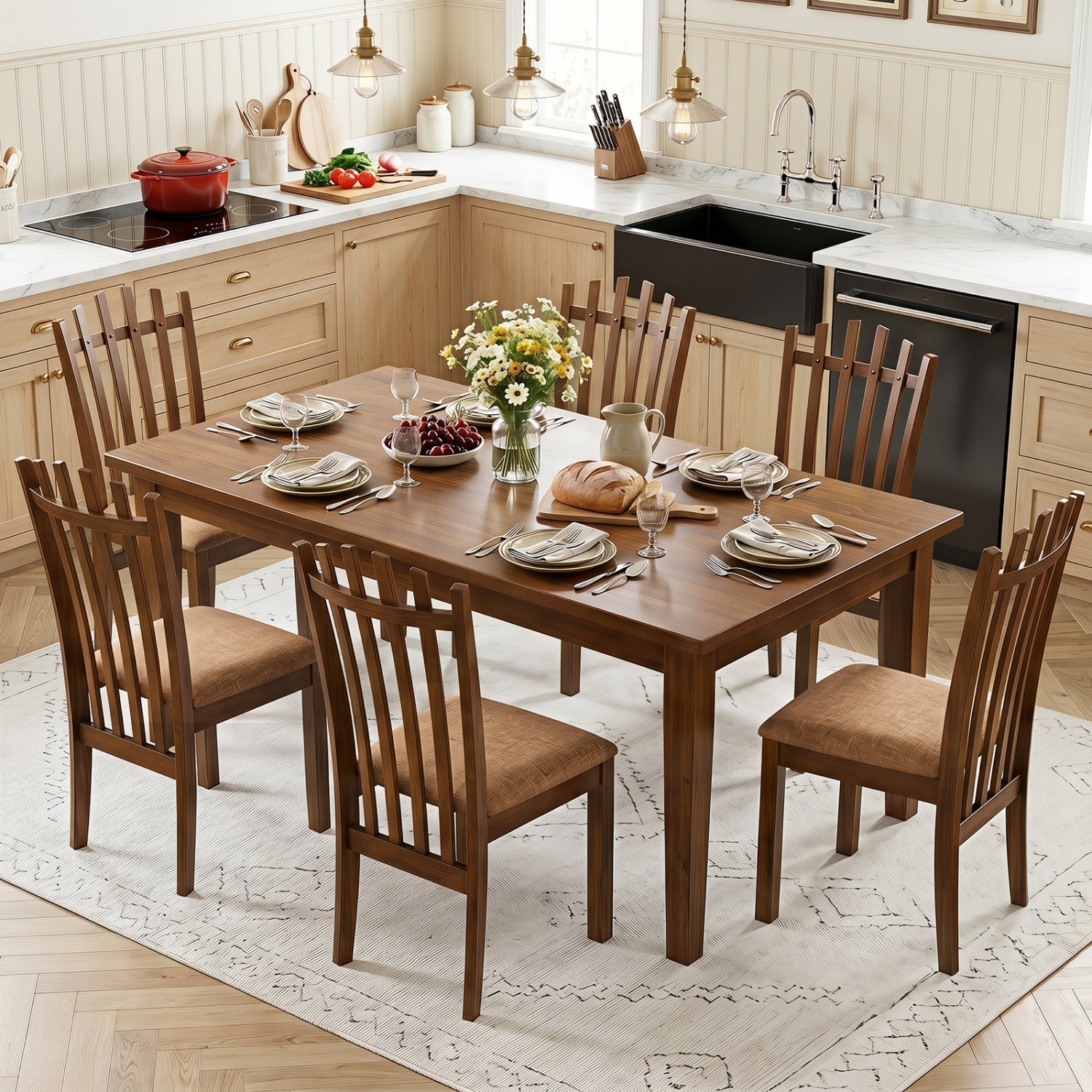 Rubber Wood Dining Chairs Set of 4 with Cushioned Seats