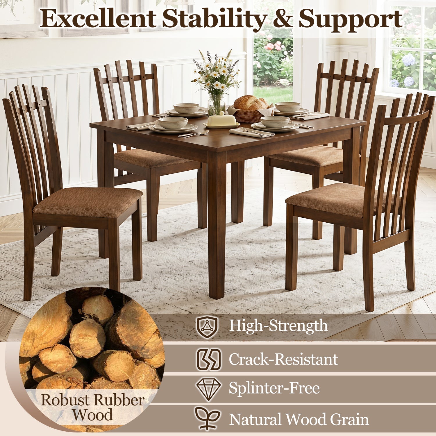 Rubber Wood Dining Chairs Set of 4 with Cushioned Seats