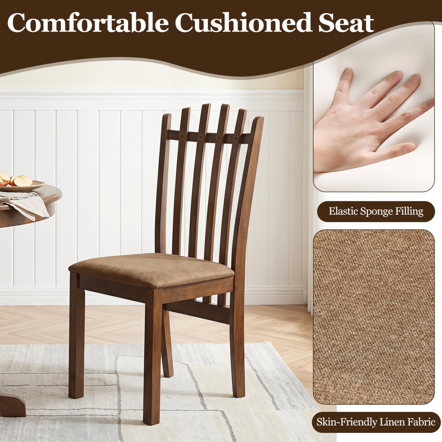 Rubber Wood Dining Chairs Set of 4 with Cushioned Seats