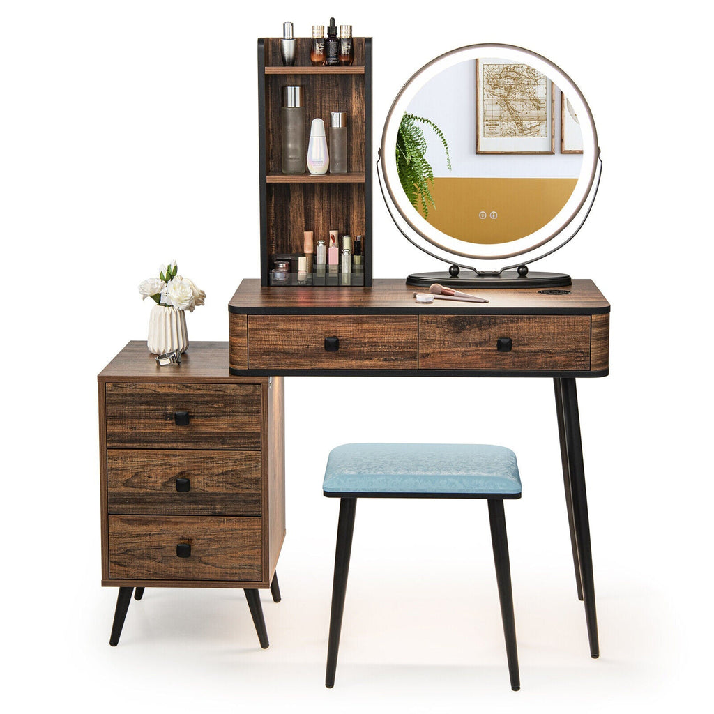 Vanity Table Set with 3-Color Lighted Mirror and Cushioned Stool