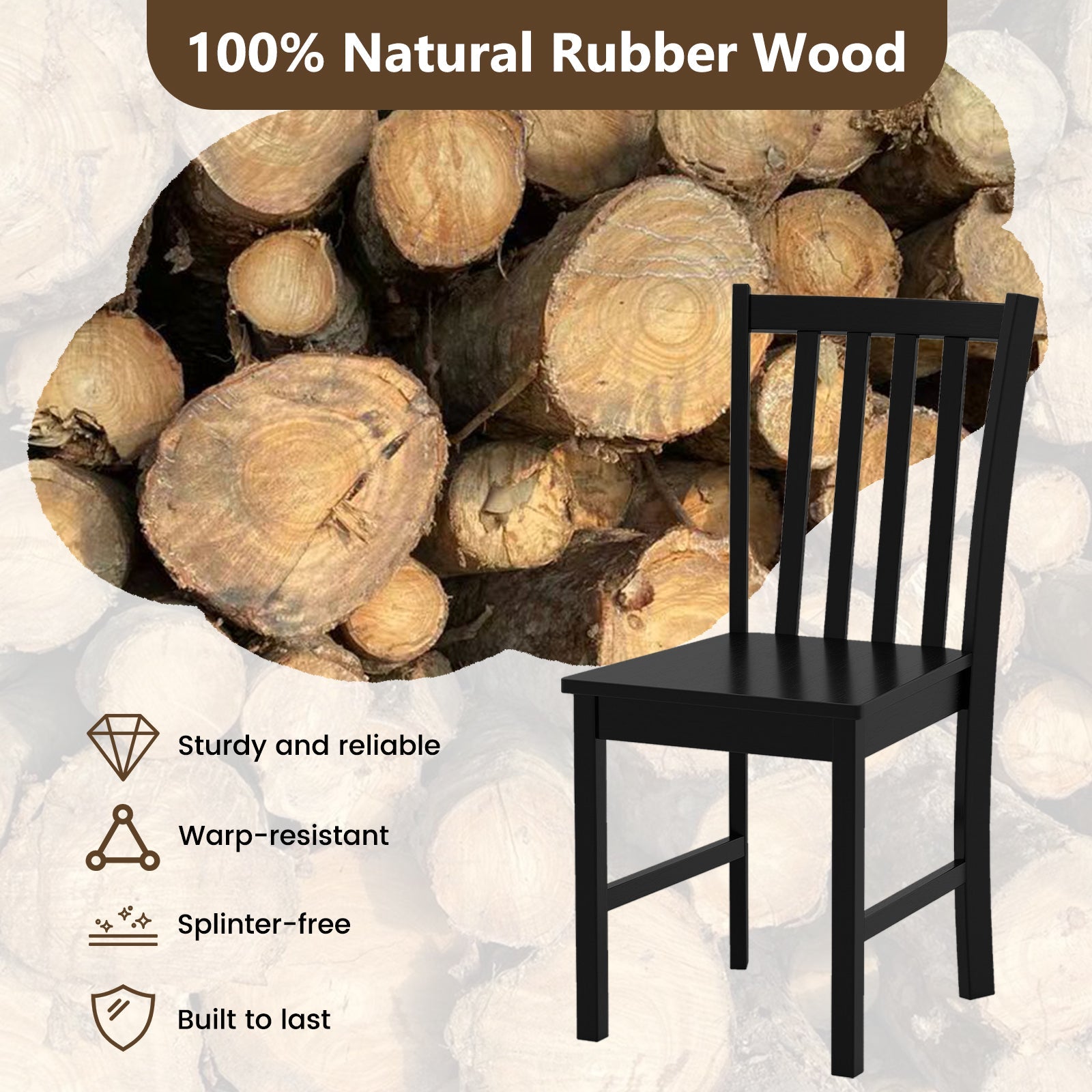 Rustic Dining Chairs Set of 2 Wooden Kitchen Chairs with Slat Tilt Backrest