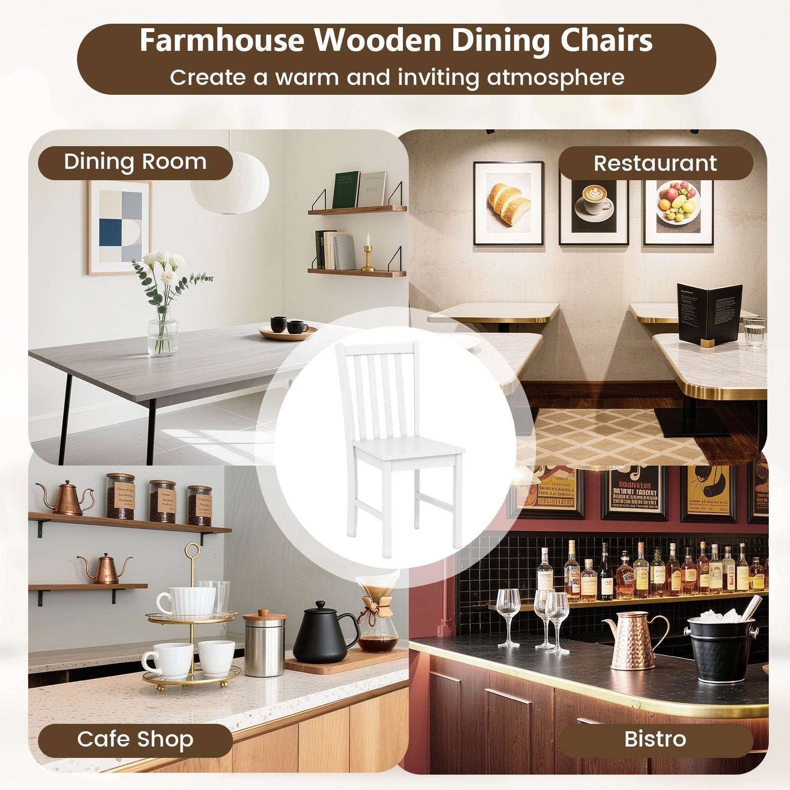Rustic Dining Chairs Set of 2 Wooden Kitchen Chairs with Slat Tilt Backrest